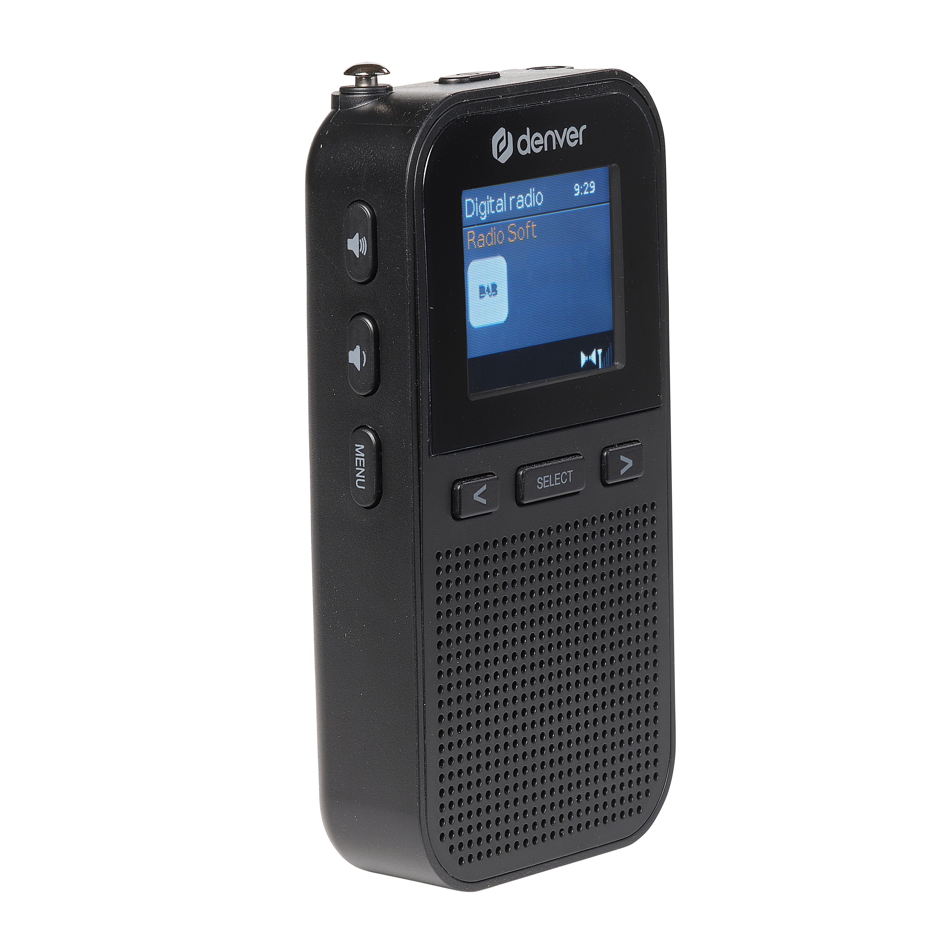 Ein schwarzes Denver Digitalradio mit Bildschirm und Lautsprechergitter.