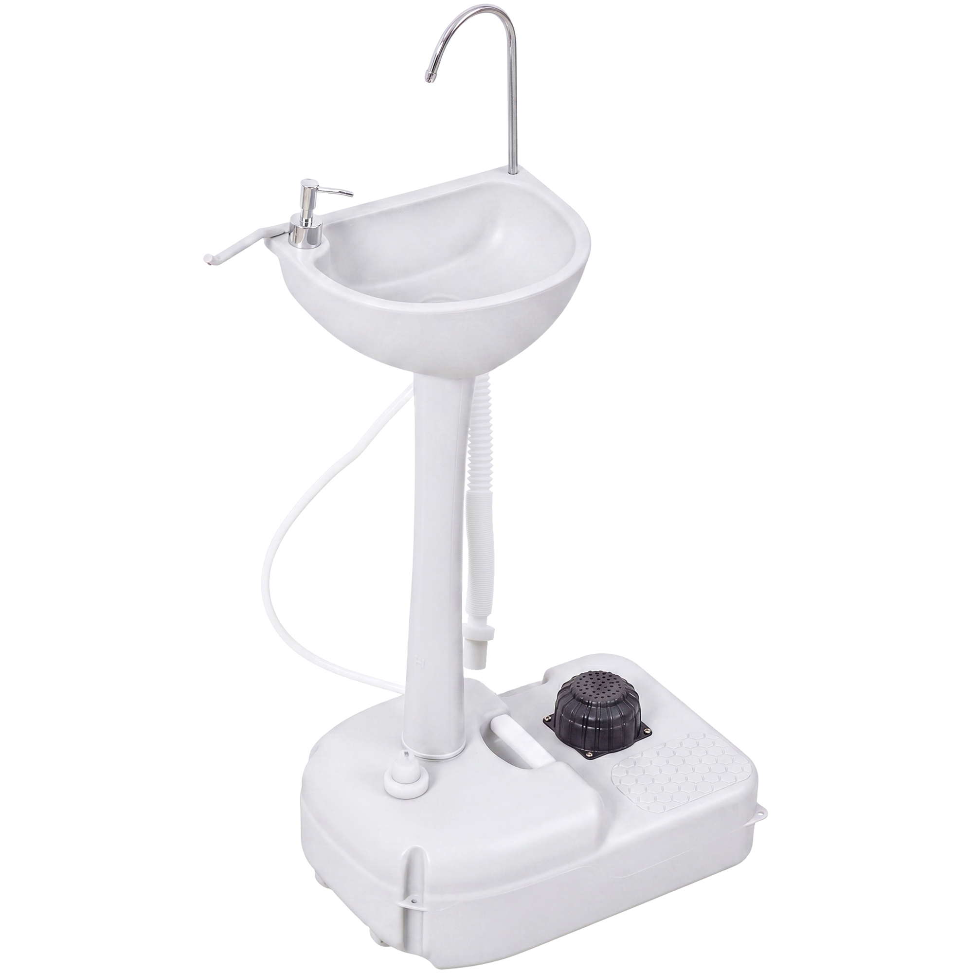 Un lavabo bianco autoportante con rubinetto, dispenser di sapone e pompa a pedale.