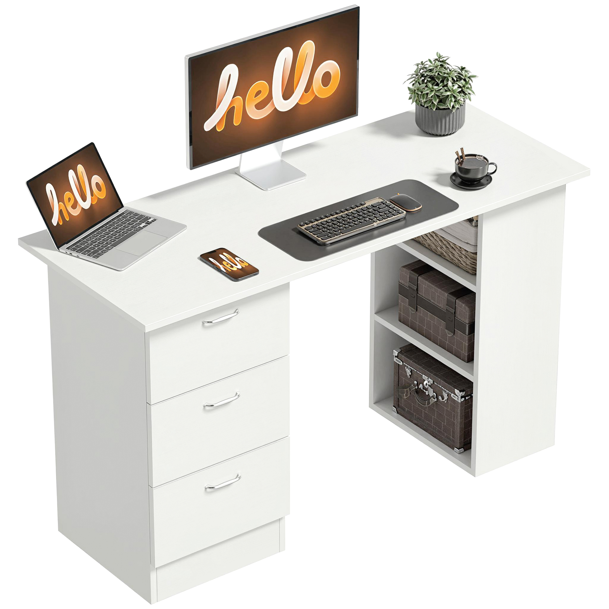 Una scrivania bianca con laptop, monitor, telefono, tastiera, pianta e tazza.