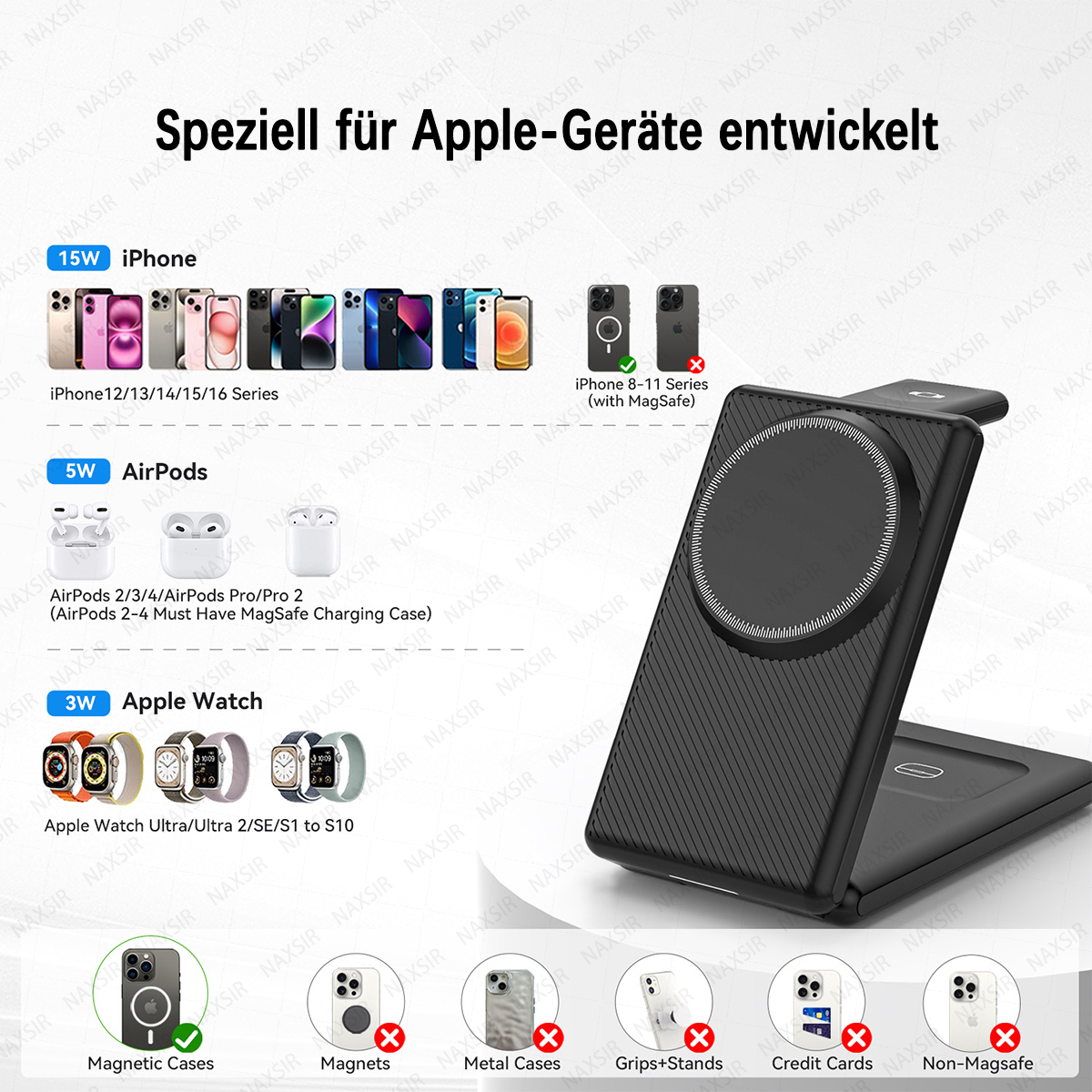 Schwarz faltbares Ladegerät für Apple-Geräte mit iPhone, AirPods, Apple Watch.
