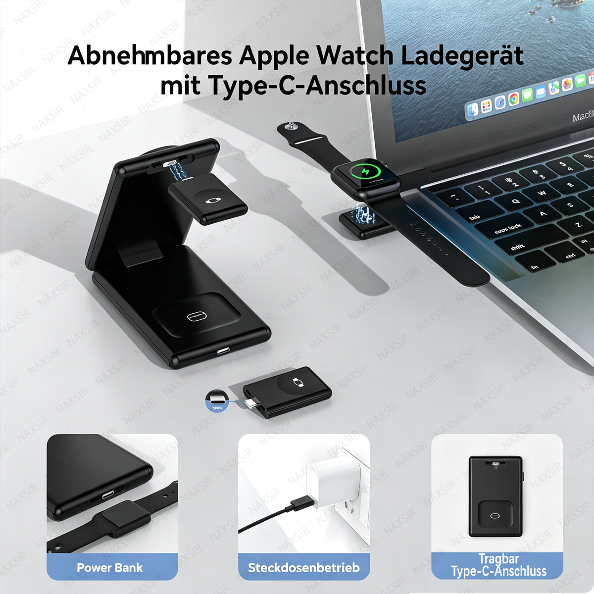 Abnehmbares Apple Watch Ladegerät mit Type-C-Anschluss, Power Bank, Steckdosenbetrieb.