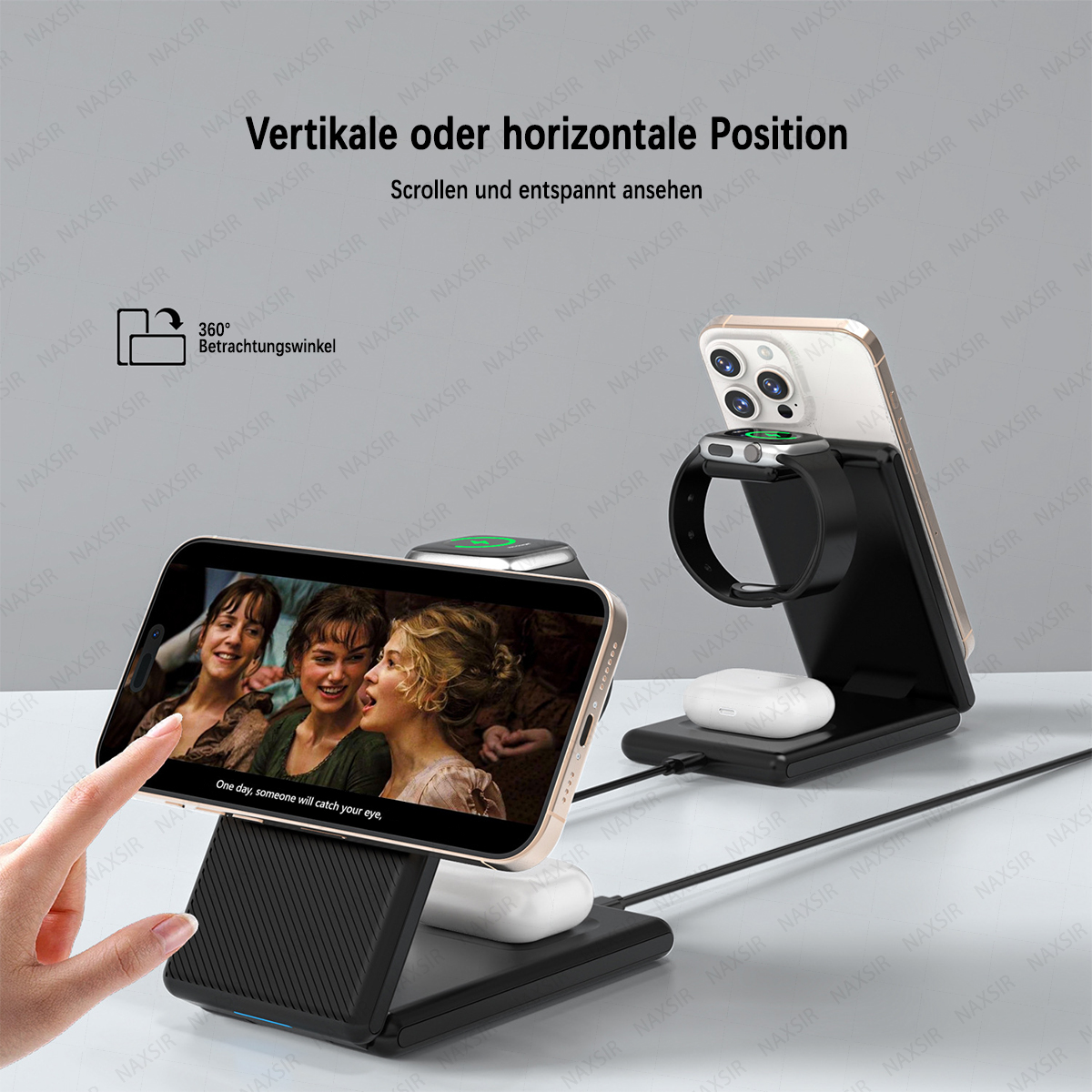 Ein Smartphone zeigt einen Film, daneben eine Apple Watch und AirPods Lade-Station.