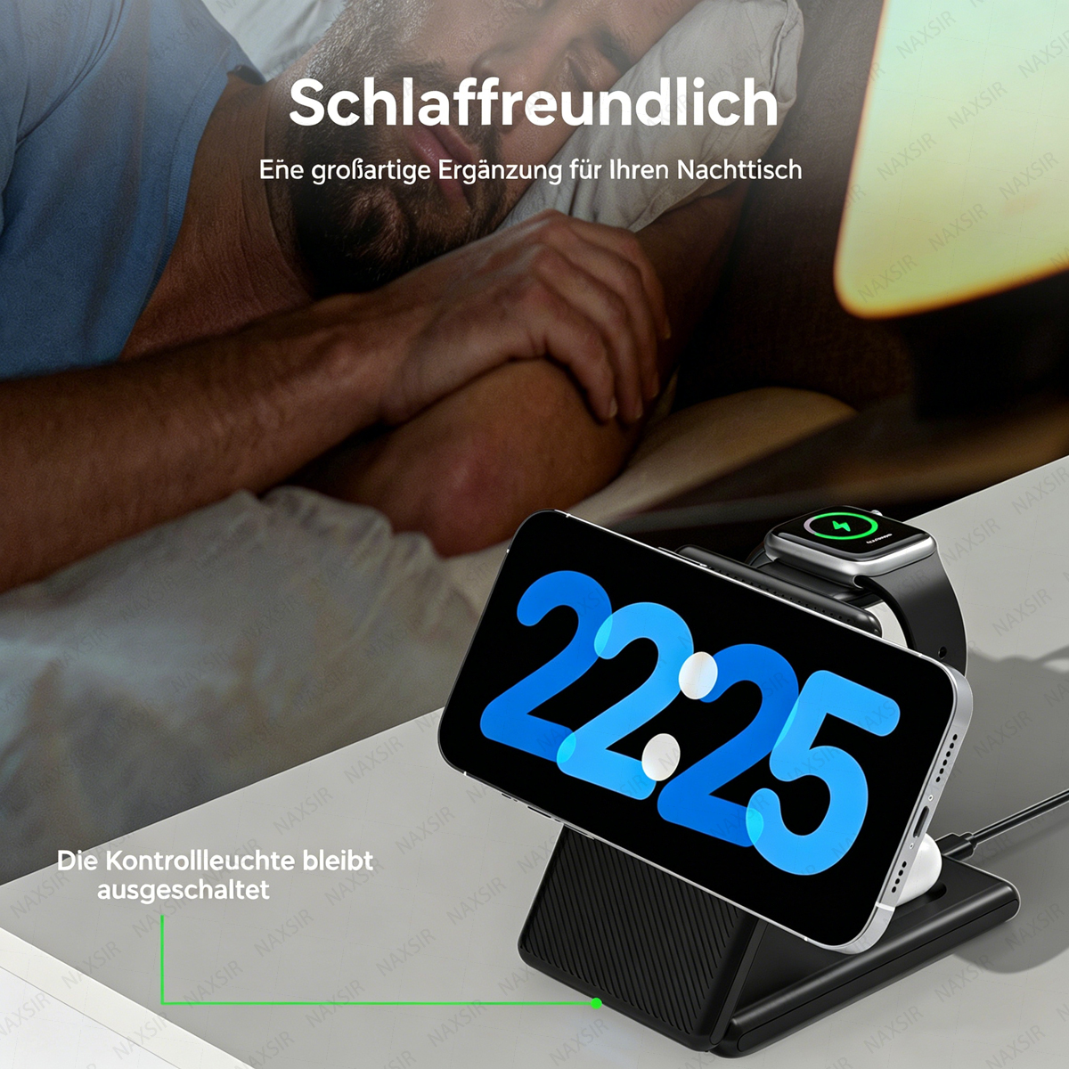 Ein Mann schläft, während ein Ladegerät ein Smartphone, eine Apple Watch und Ohrhörer lädt.