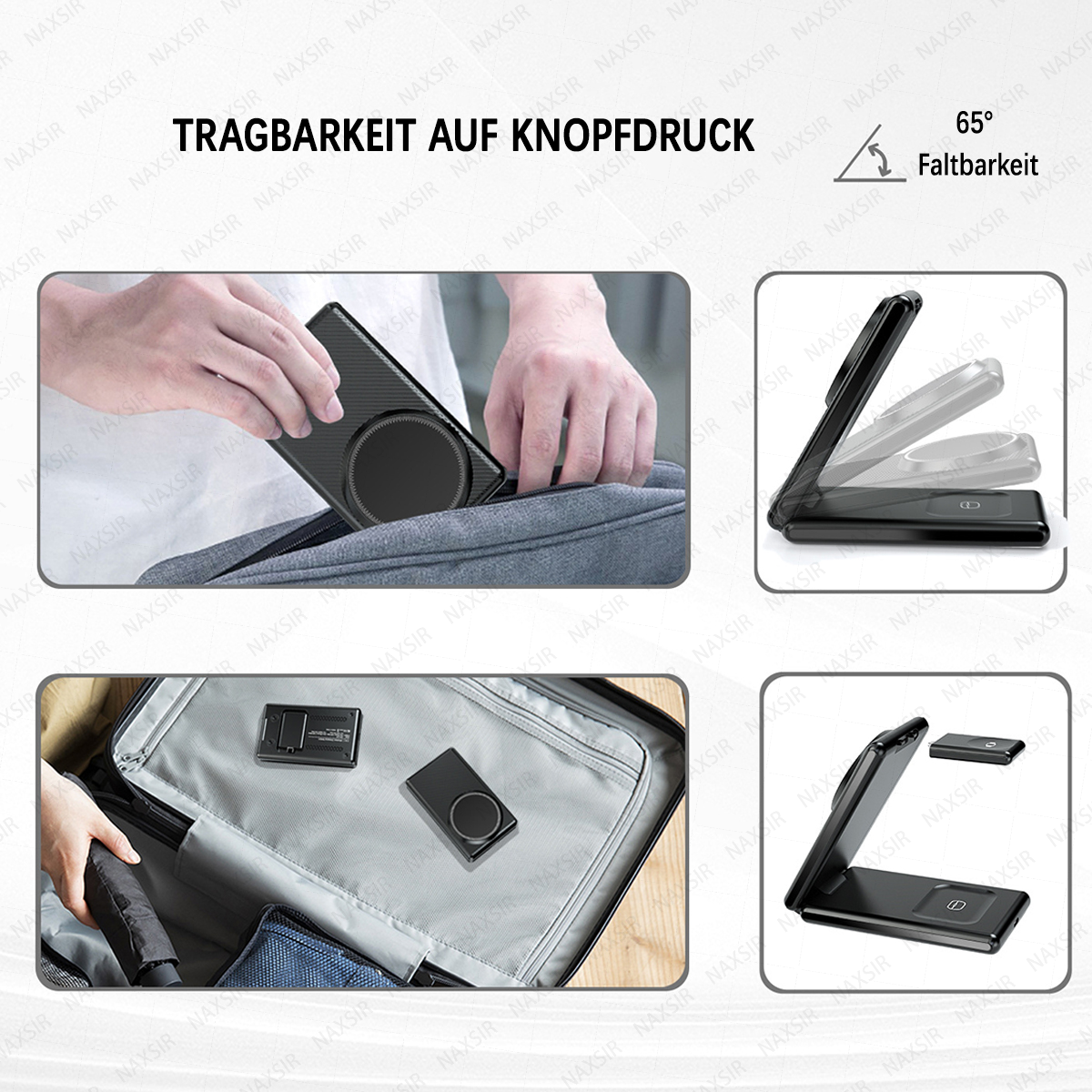 Tragbare Hülle wird in eine Tasche gelegt. Faltbarkeit bei 65 Grad.