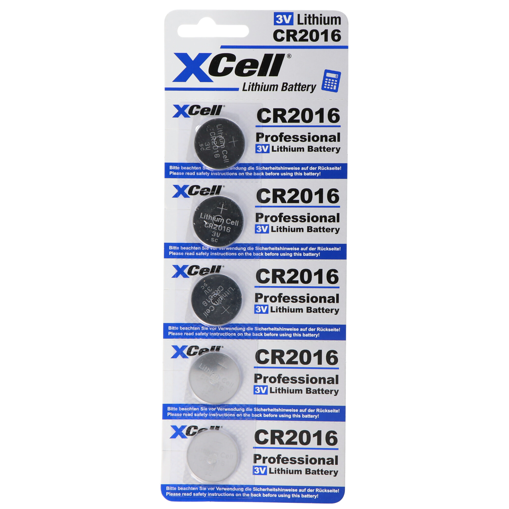 Verpackung mit fünf XCell CR2016 3V Lithium-Knopfzellenbatterien.