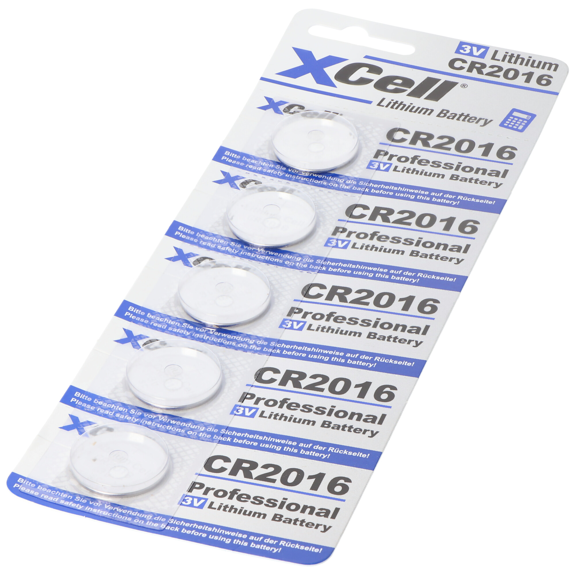 Packung mit fünf XCell CR2016 3V Lithium-Knopfzellenbatterien.