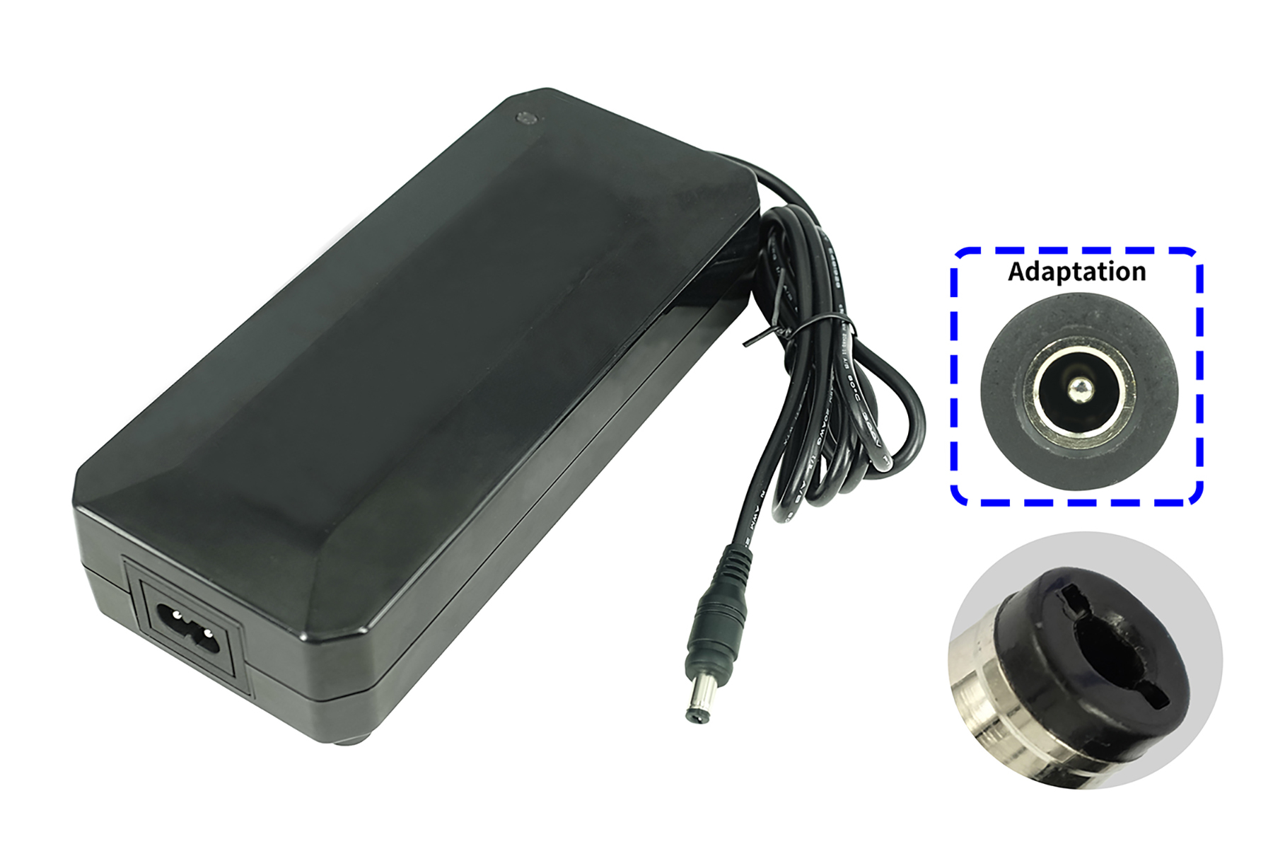 Schwarzes Netzteil mit Kabel und zwei Detailansichten von Anschlüssen.
