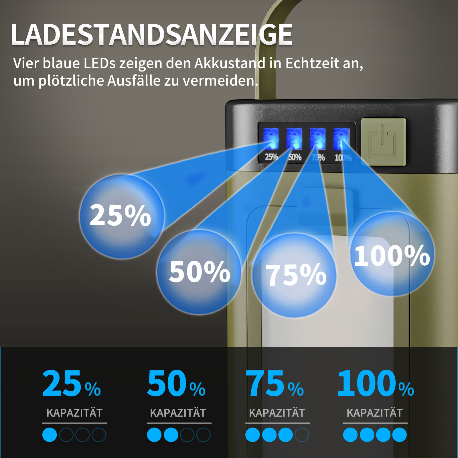 Vier blaue LEDs zeigen den Akkustand an: 25%, 50%, 75% und 100%.