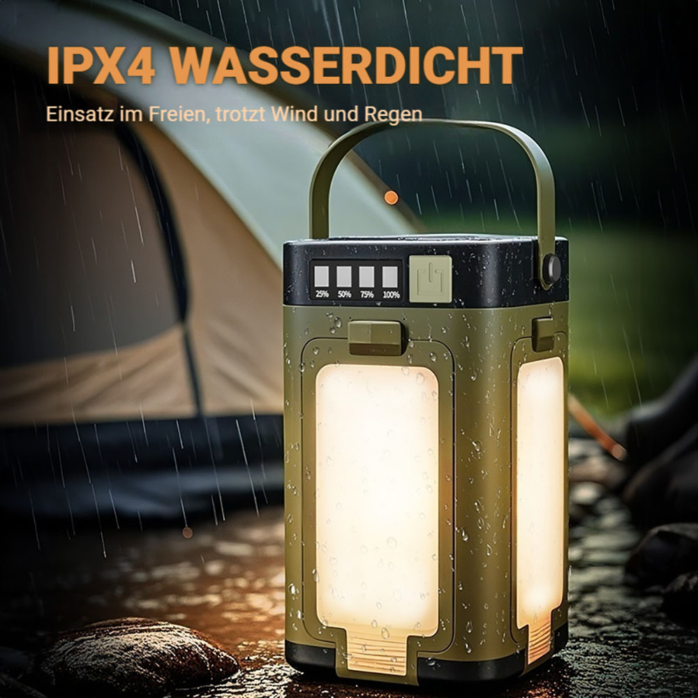 Eine grüne Campinglaterne mit Lichtern leuchtet im Regen neben einem Zelt.