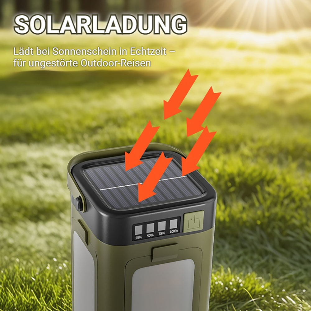 Grüne Solar-Laterne mit Sonnenpanel und Ladeanzeige im Gras.