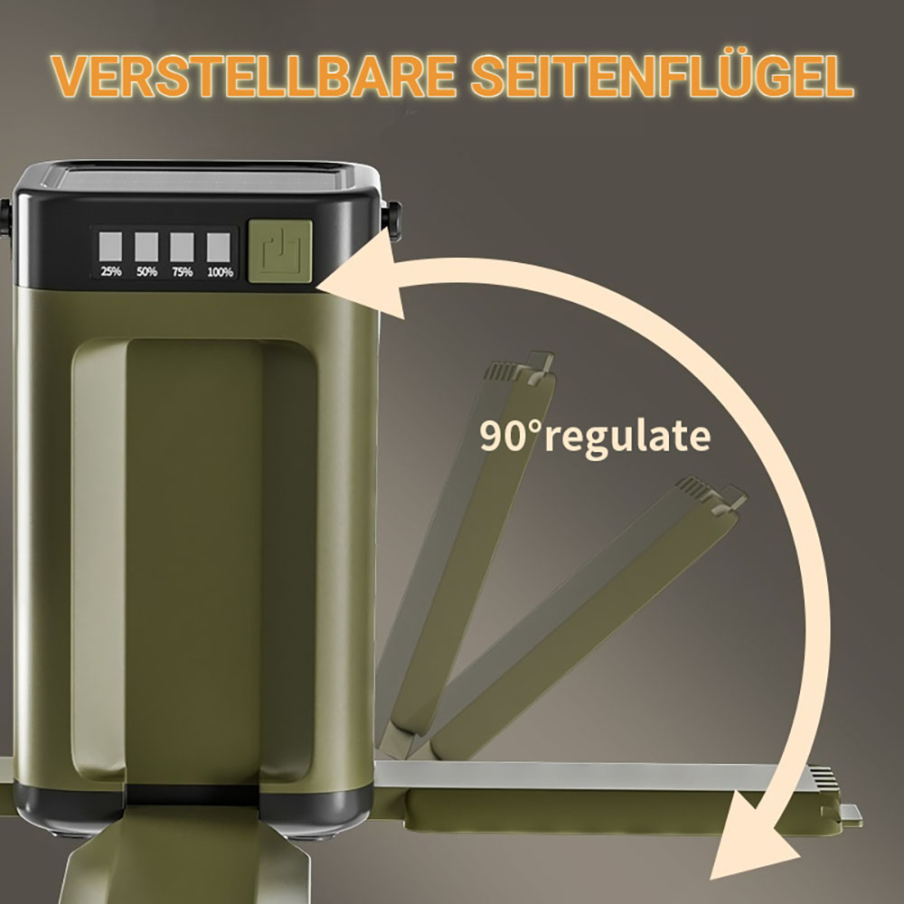 Grünes Gerät mit ausklappbaren Seitenflügeln, 90° verstellbar.