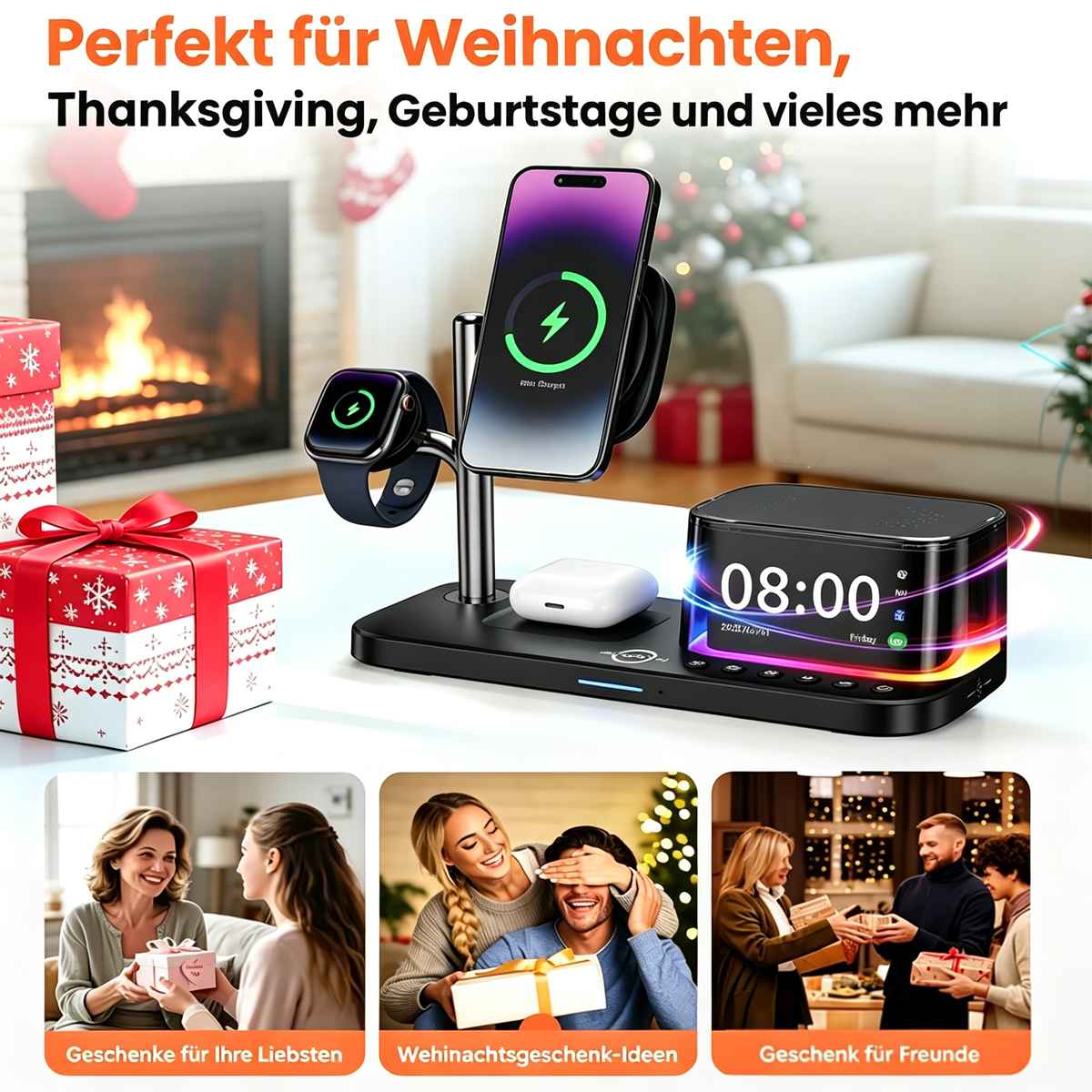 Ein Lade-Ständer mit Handy, Uhr und Ohrhörern, neben Geschenken.