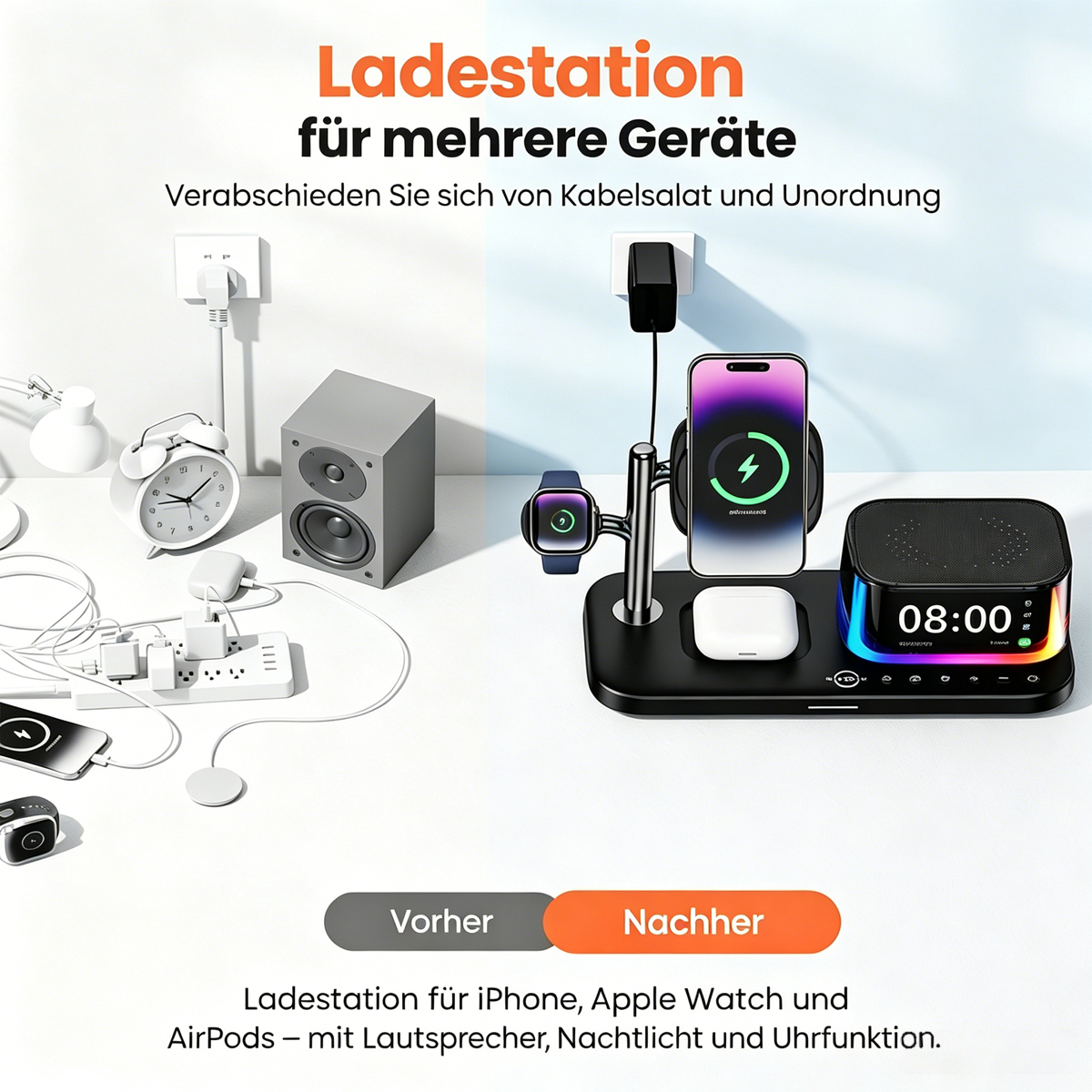 Vorher: Kabelsalat mit Steckdosenleiste, Wecker, Lautsprecher. Nachher: Lade-Station für iPhone, Watch, AirPods, mit Uhr und Licht.