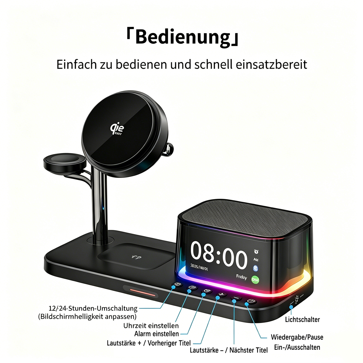 Schwarzer 3-in-1 Ladeständer mit Uhr und Lautsprecher, zeigt 8:00 Uhr an.