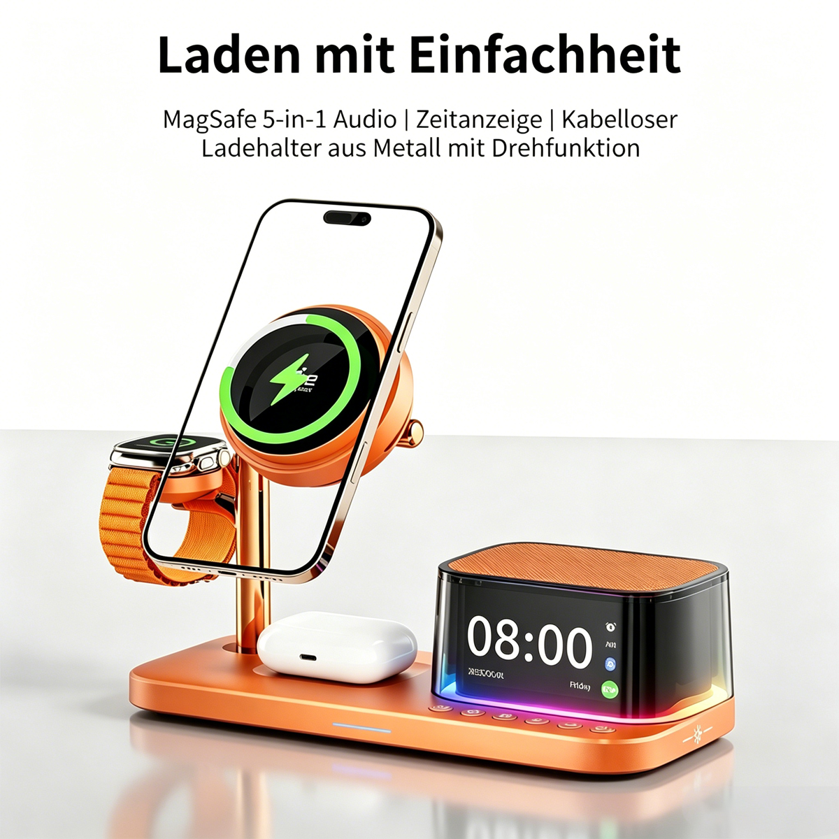 Orange Ladestation mit Handy, Uhr, Kopfhörern und Wecker.
