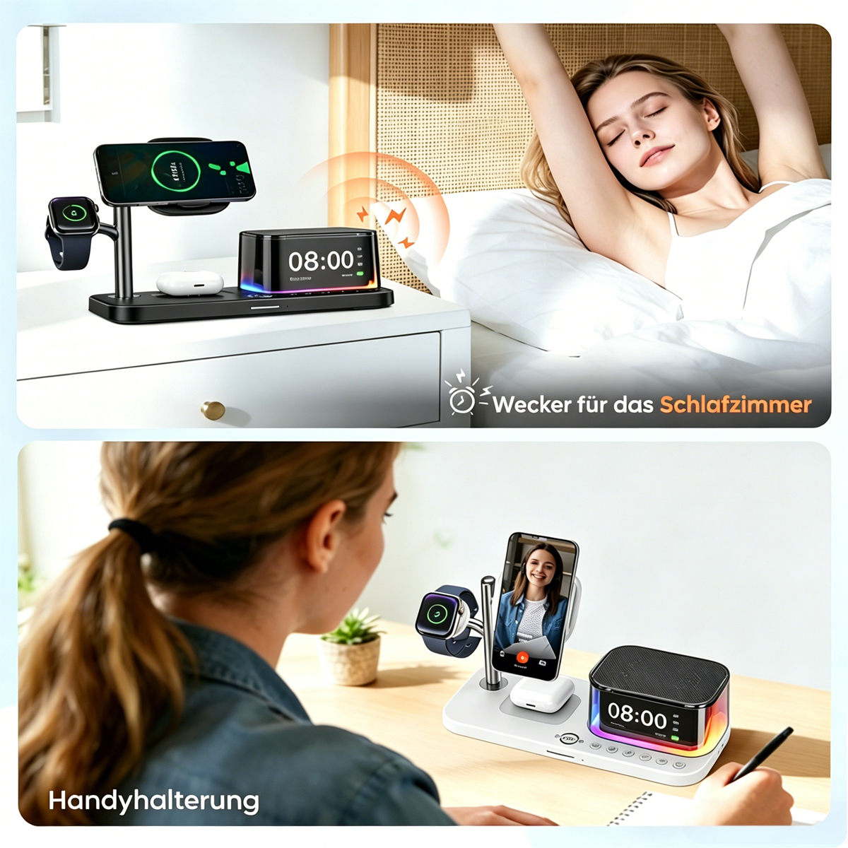Ein Nachttisch mit Ladestation für Handy, Uhr und Ohrhörer. daneben eine Frau im Bett.