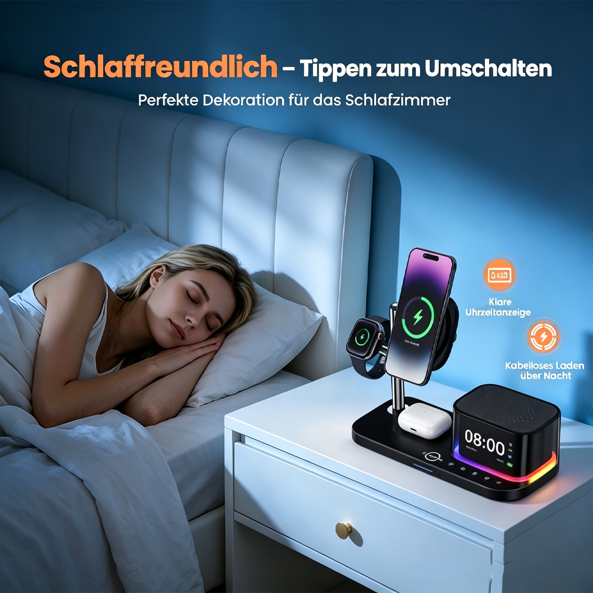 Frau schläft im Bett neben Nachttisch mit Handy, Uhr, Ohrhörern und Ladegerät.