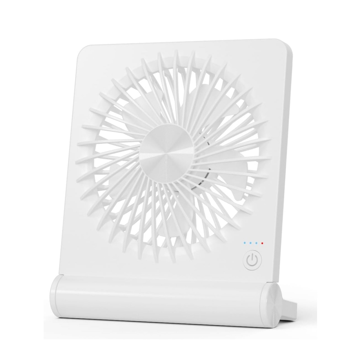 Ein weißer tragbarer Ventilator mit Gitter und Power-Taste.