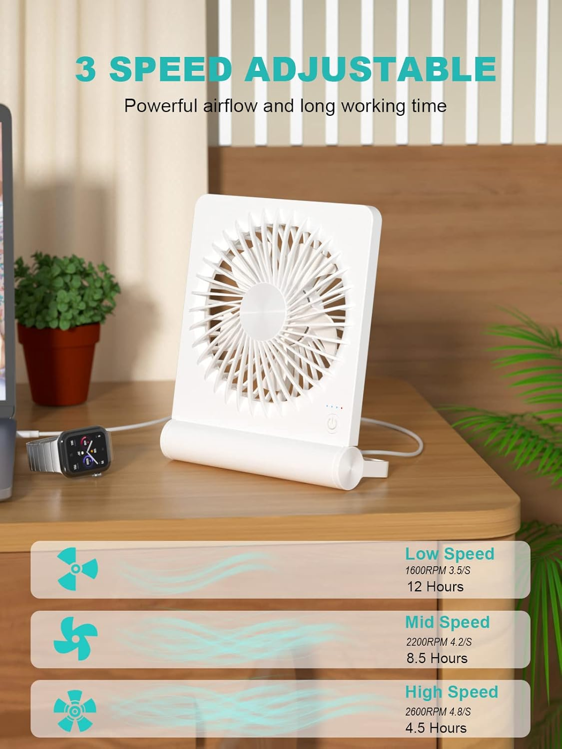 Ein weißer tragbarer Ventilator steht auf einem Schreibtisch mit Smartwatch und Pflanze. Geschwindigkeitsstufen angezeigt.