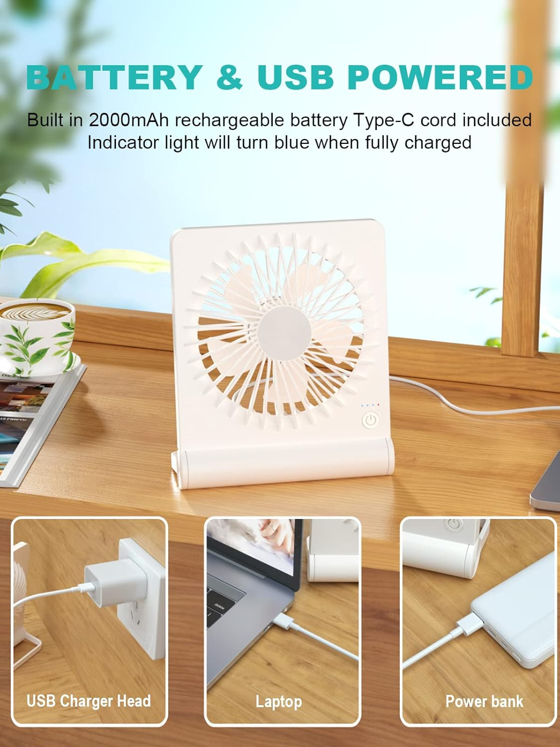 Weißer USB-Ventilator mit Akku, Aufladung über USB-Kopf, Laptop oder Powerbank.