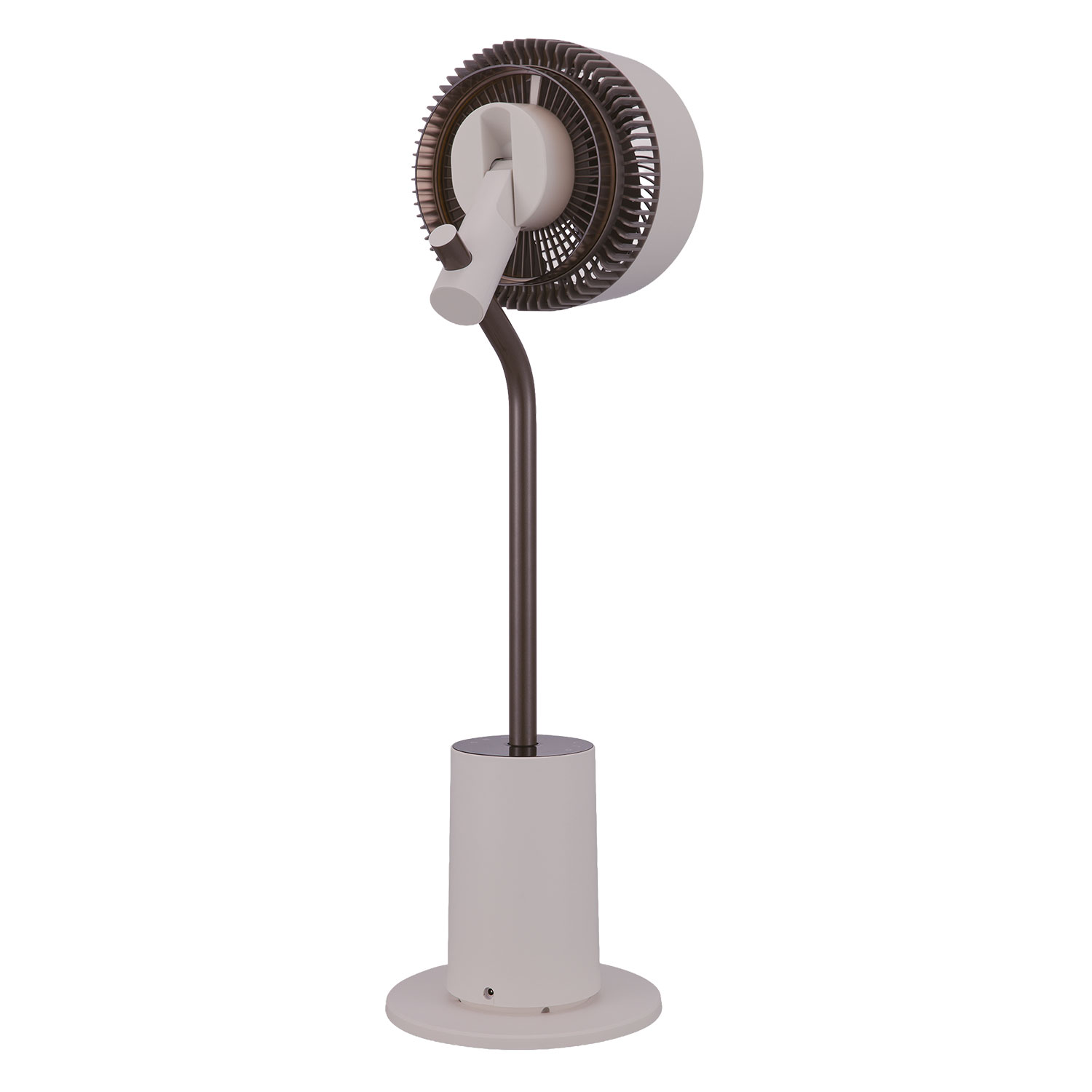 Ein moderner Standventilator in Weiß und Anthrazit mit rundem Sockel.