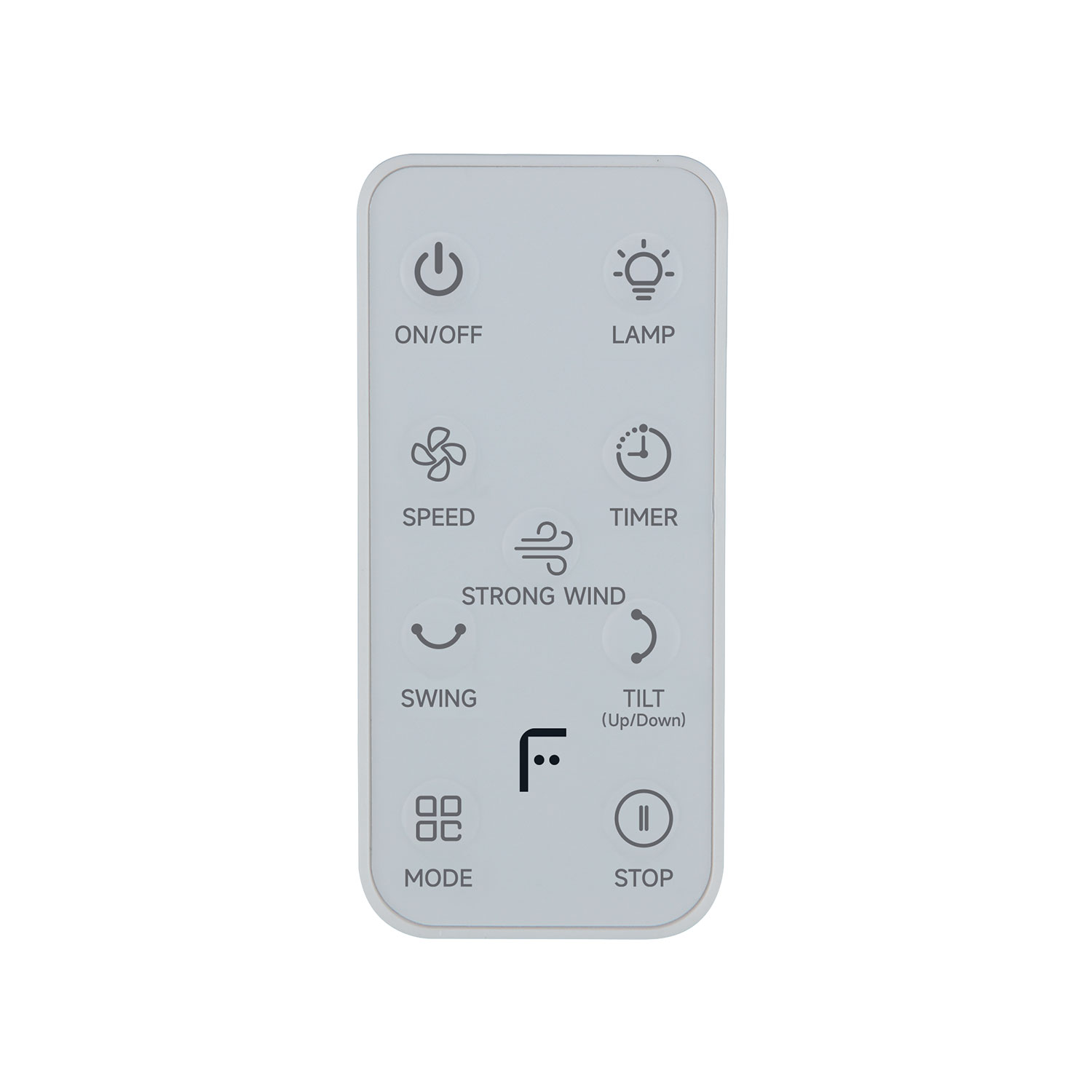 Weiße Fernbedienung mit Symbolen für Ein/Aus, Lampe, Geschwindigkeit, Timer, starker Wind, Schwenken, Neigen und Stopp.