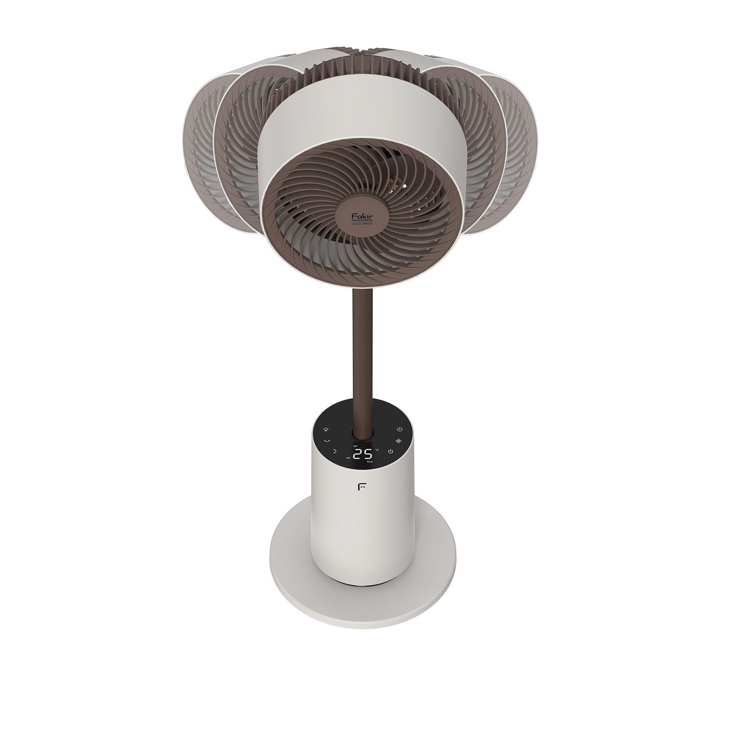 Ein weißer und brauner Standventilator mit digitaler Anzeige und mehreren Lüfterblättern.