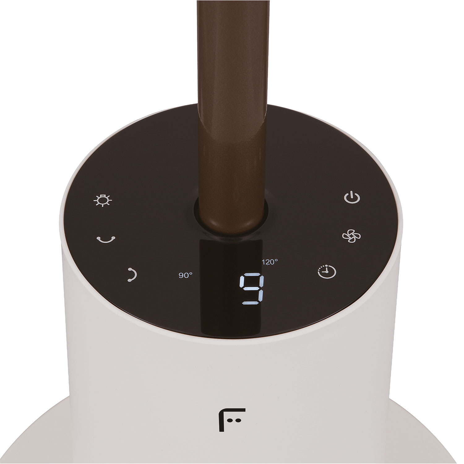 Ein weißer Ventilator mit braunem Stiel und digitaler Anzeige zeigt 9 an.