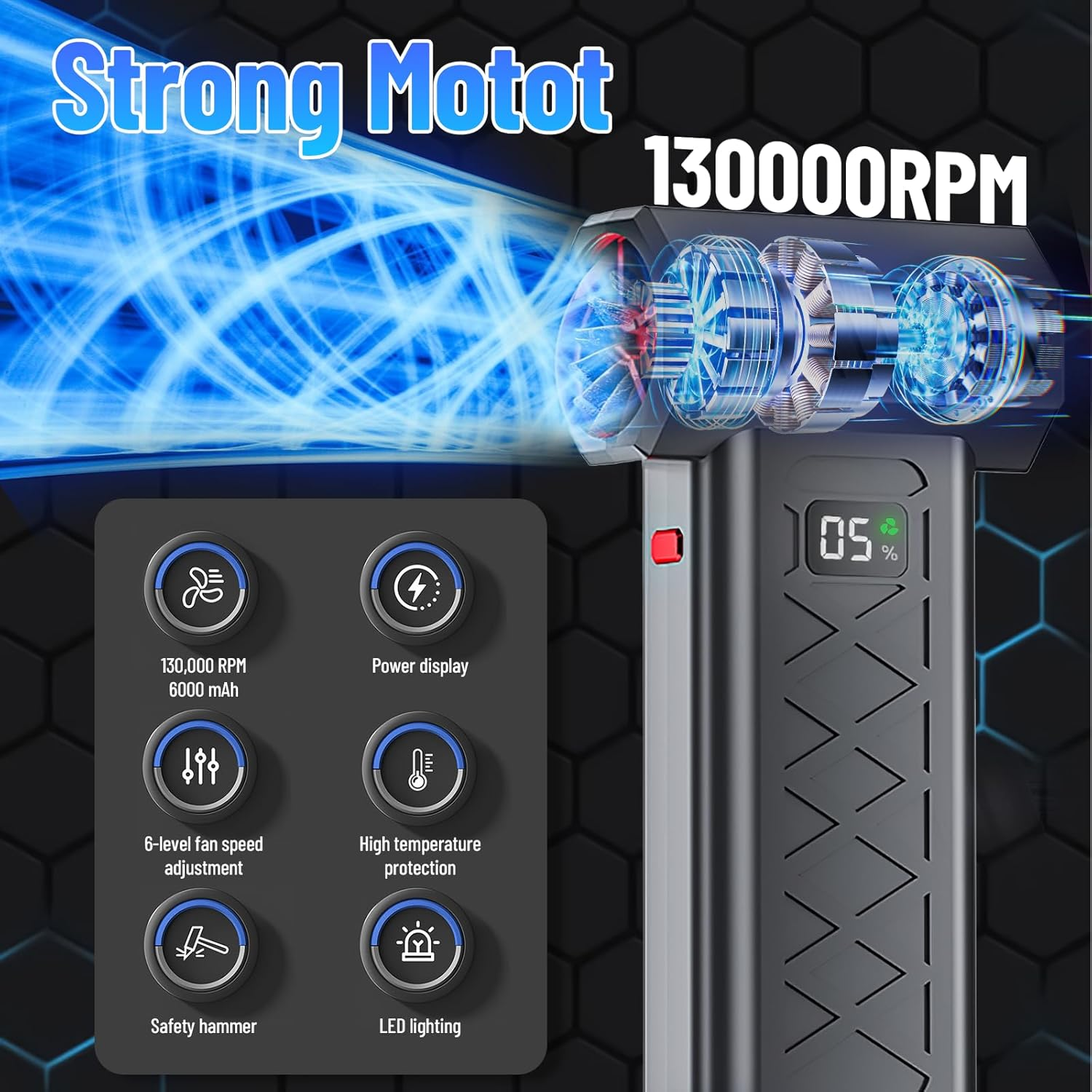 Starker Motor mit 130.000 U/min, 6000 mAh, Display, 6 Stufen, Hitzeschutz, Hammer, LED.