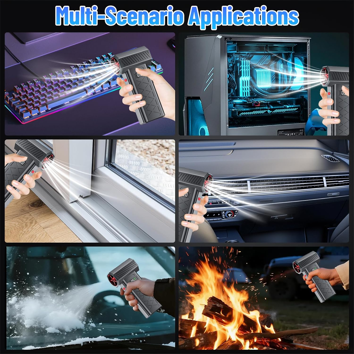 Collage zeigt Gerät reinigt Tastatur, PC, Fenster, Autoinnenraum, Windschutzscheibe & zündet Feuer.