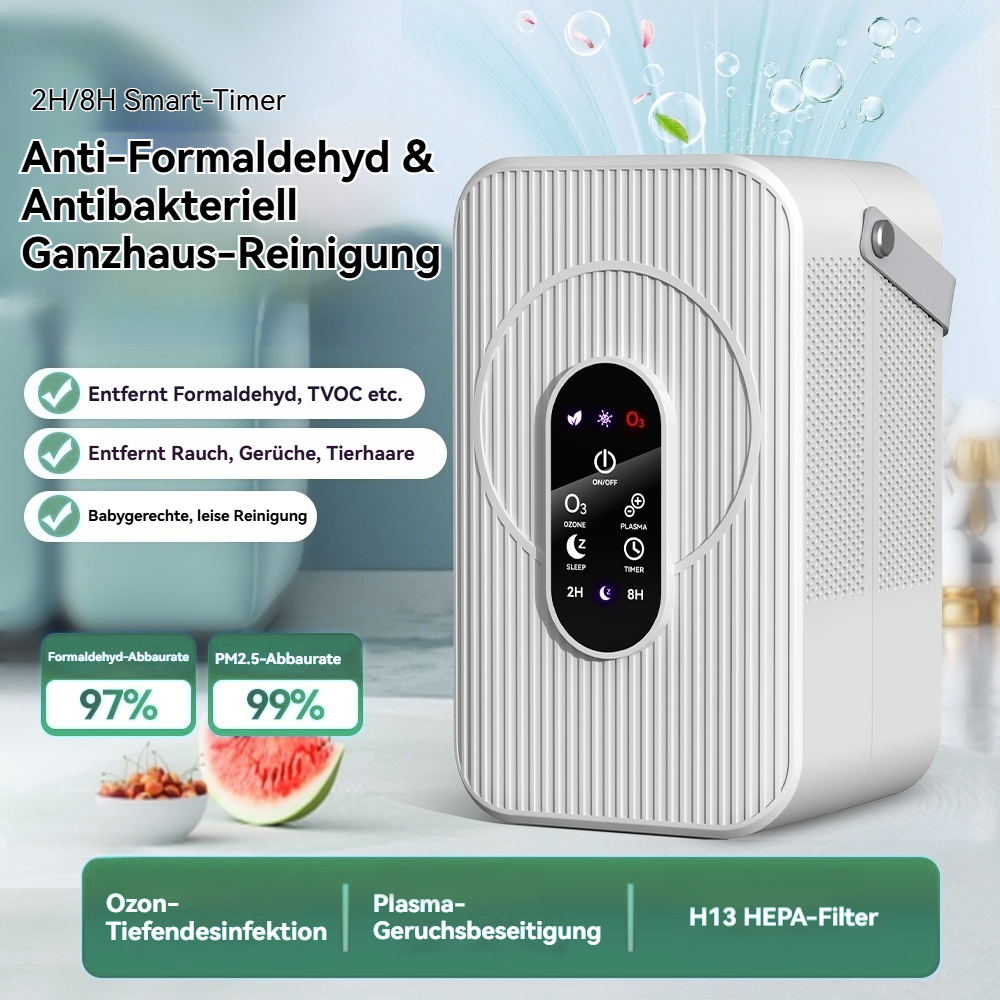 Ein weißer Luftreiniger mit Touchscreen-Bedienfeld, der Formaldehyd, Rauch, Gerüche und PM2.5 entfernt.