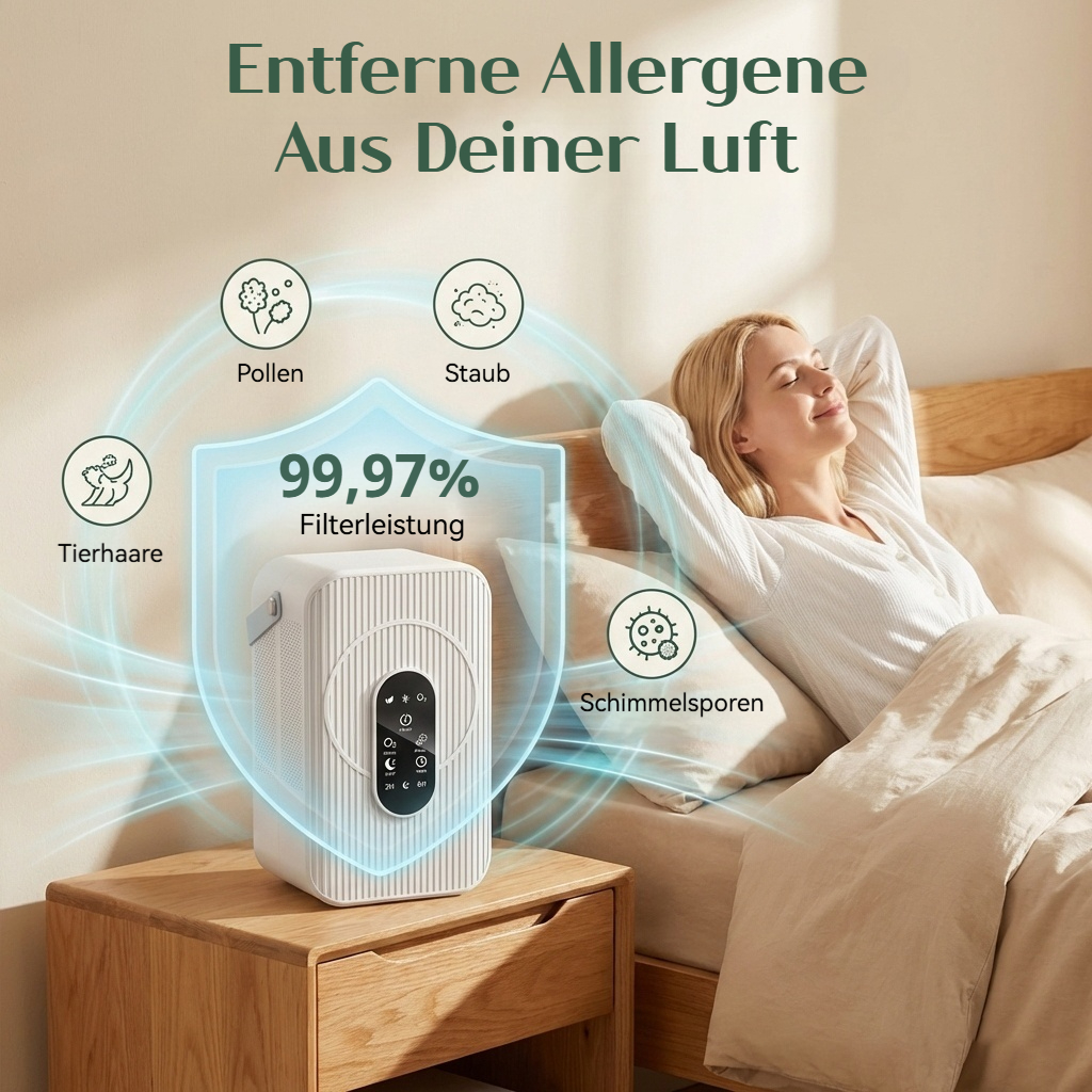 Luftreiniger filtert 99,97% Pollen, Staub, Tierhaare, Schimmel.