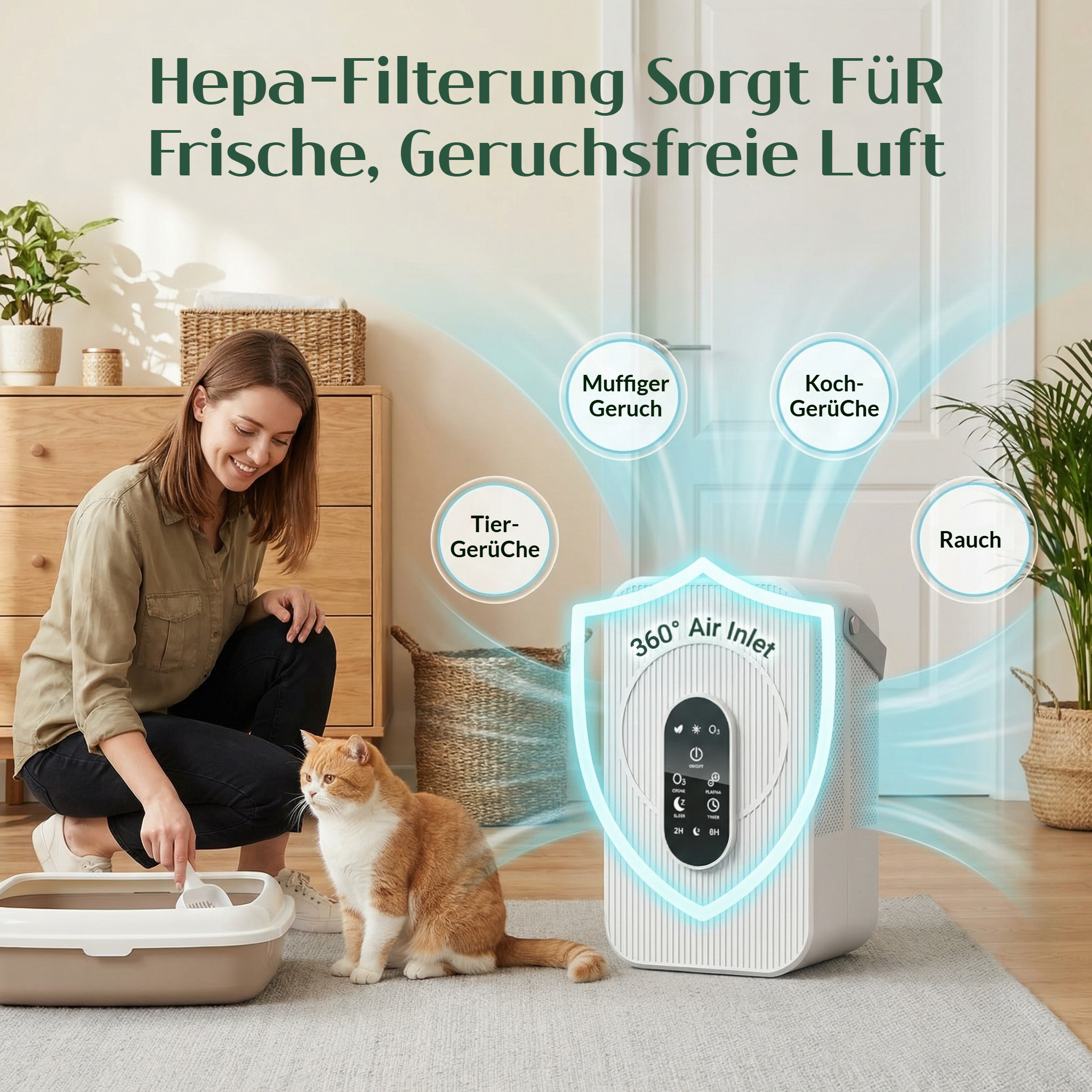 Frau reinigt Katzentoilette neben einem orange-weißen Kater und einem Luftreiniger.