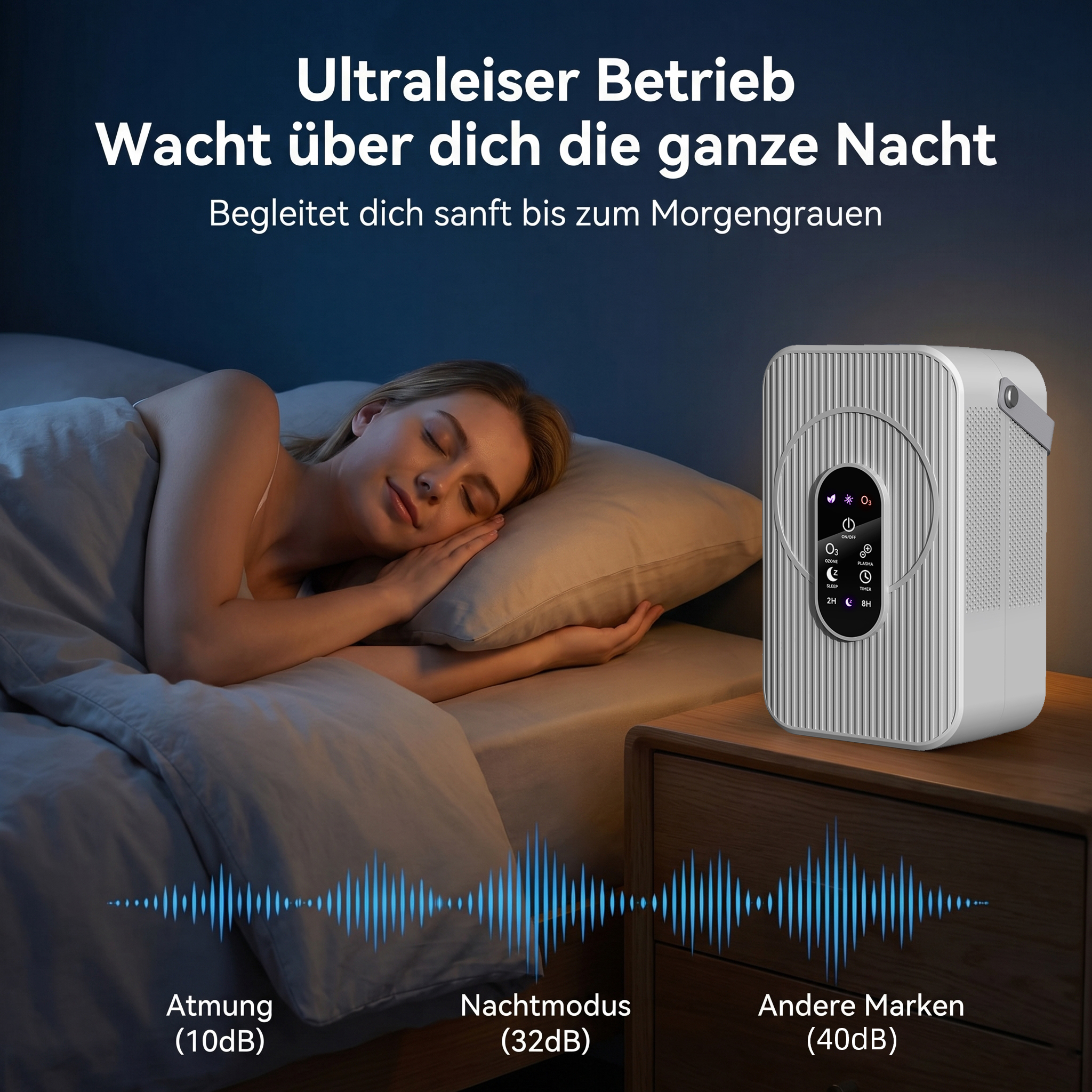 Eine Frau schläft im Bett, daneben ein Luftreiniger. Links sind Schallwellen.