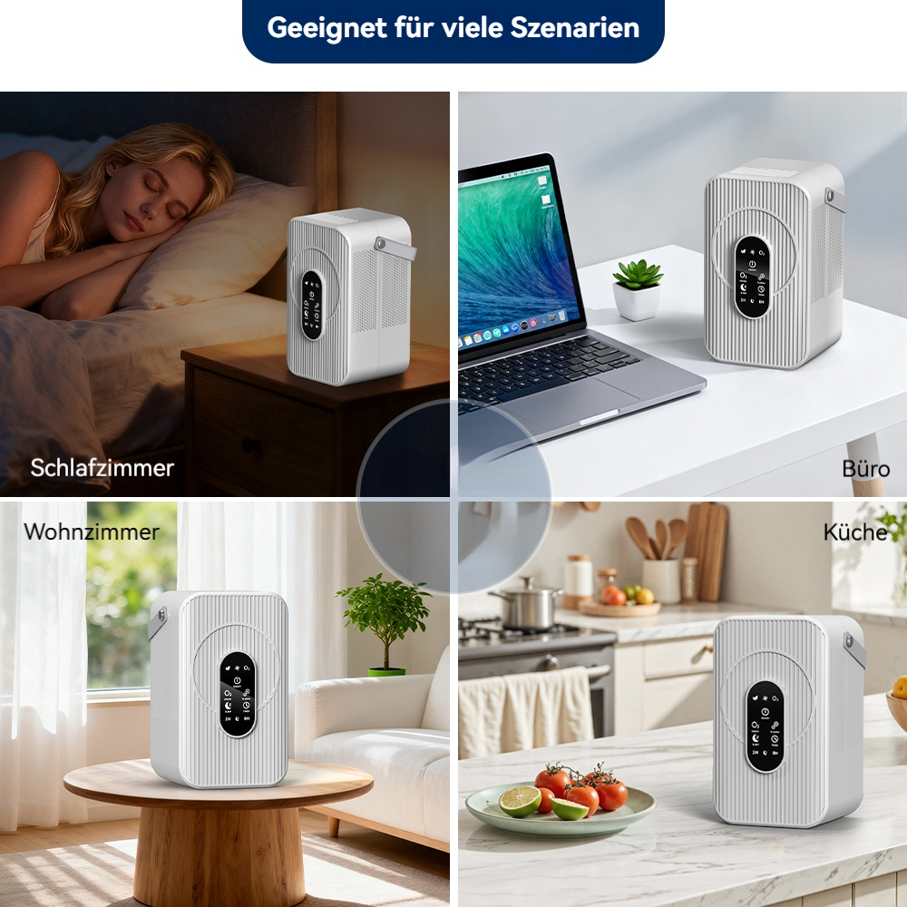 Ein Weißer Luftreiniger in verschiedenen Szenarien: Schlafzimmer, Büro, Wohnzimmer, Küche.