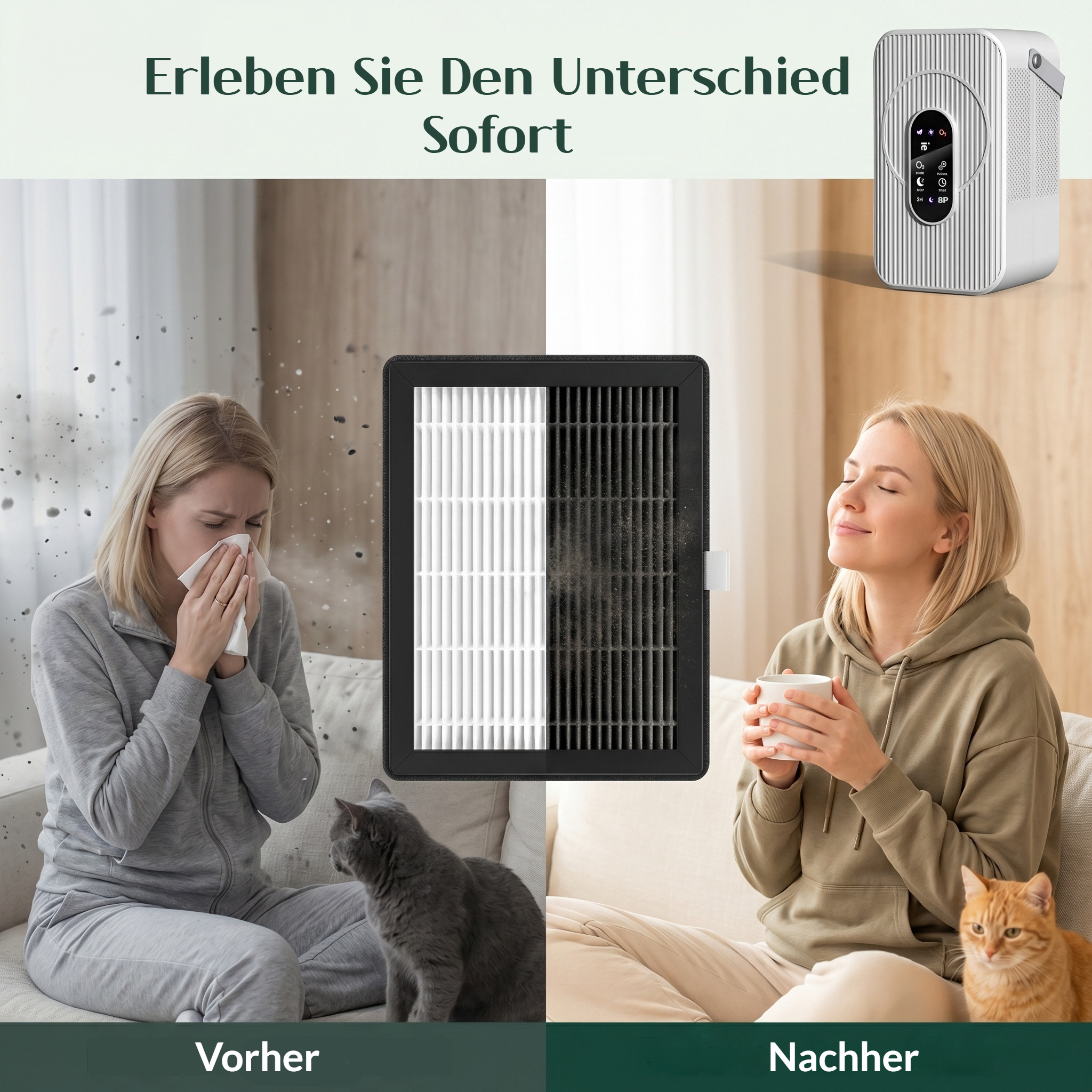 Vorher: Frau mit Taschentuch, Katze, schmutziger Filter. Nachher: Frau mit Tasse, Katze, sauberer Filter.