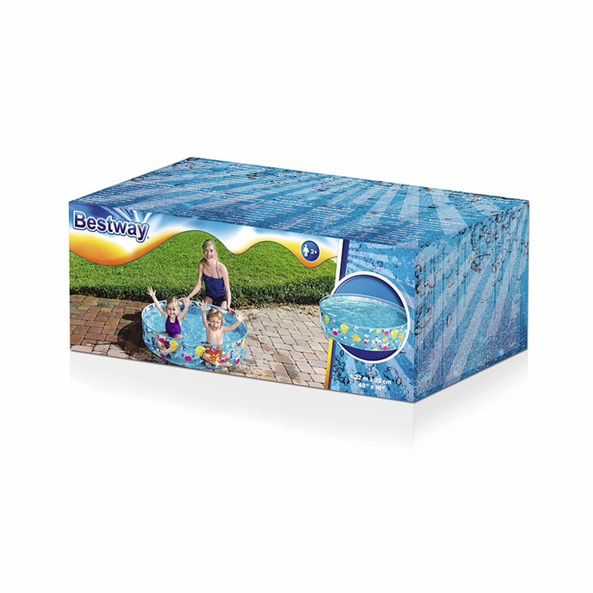 Embalaje de piscina Bestway con niños jugando y una mujer.