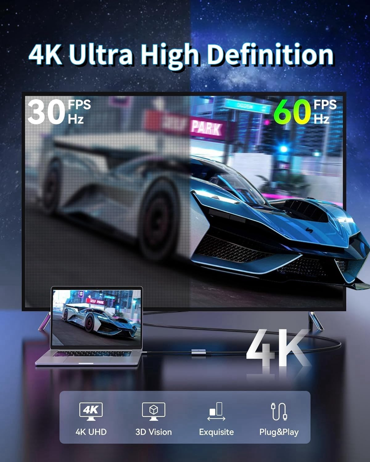 4K-Fernseher zeigt Spiel mit 30 und 60 FPS. Laptop verbunden.