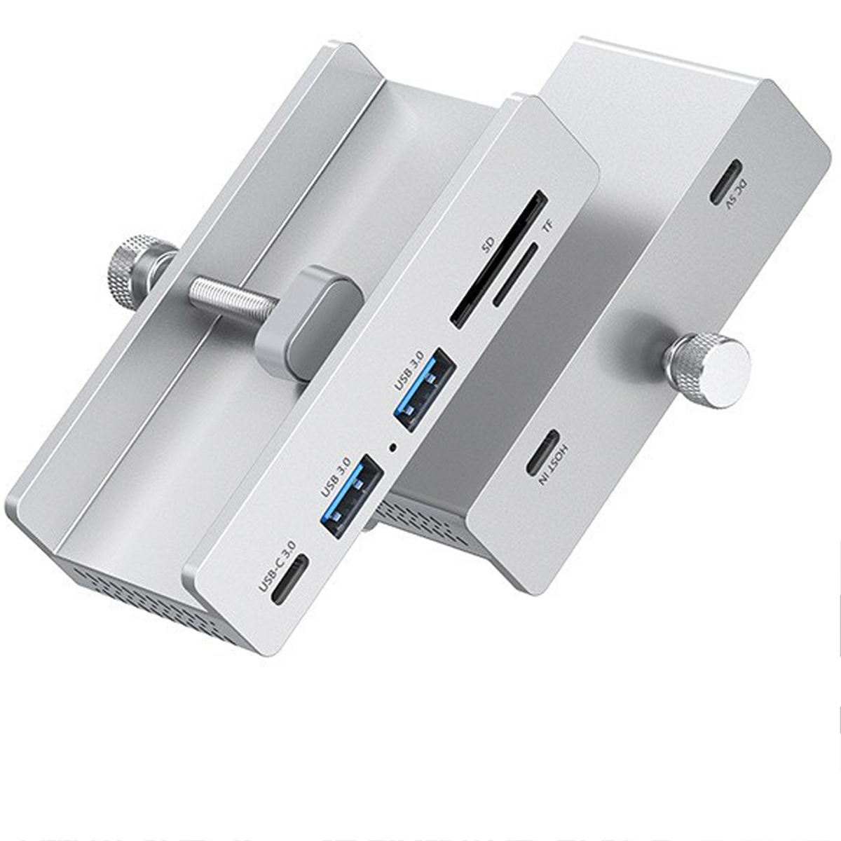 Silberner USB-C-Hub mit SD- und TF-Kartensteckplätzen, USB 3.0-Ports und DC-5V-Eingang.