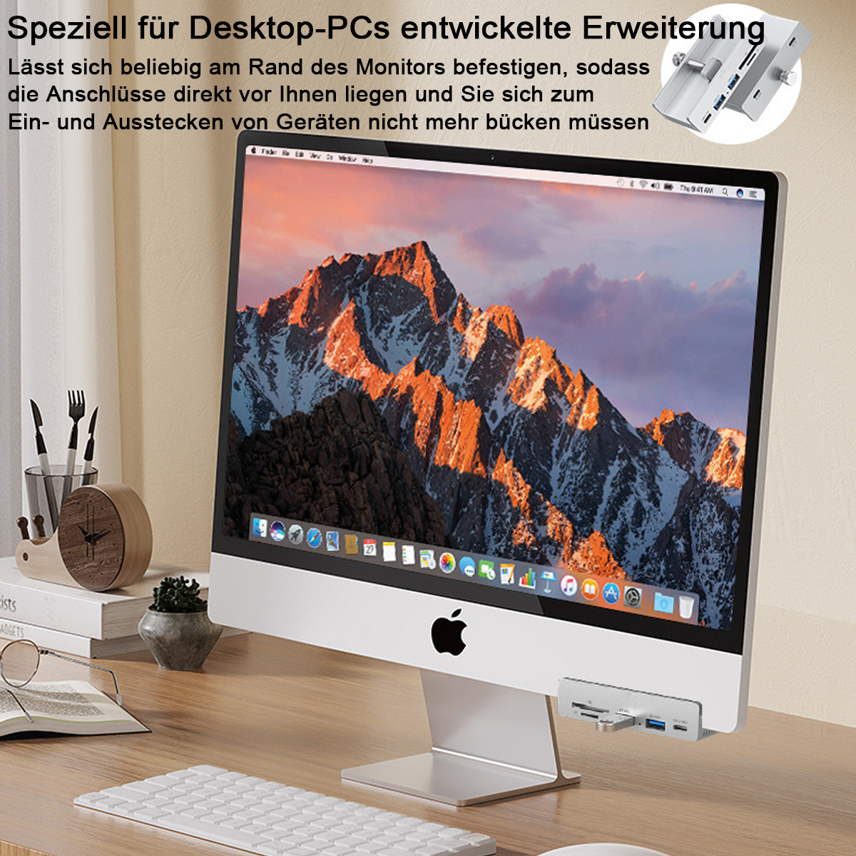 Ein USB-Hub ist am iMac befestigt, mit SD-Kartenleser und Anschlüssen.