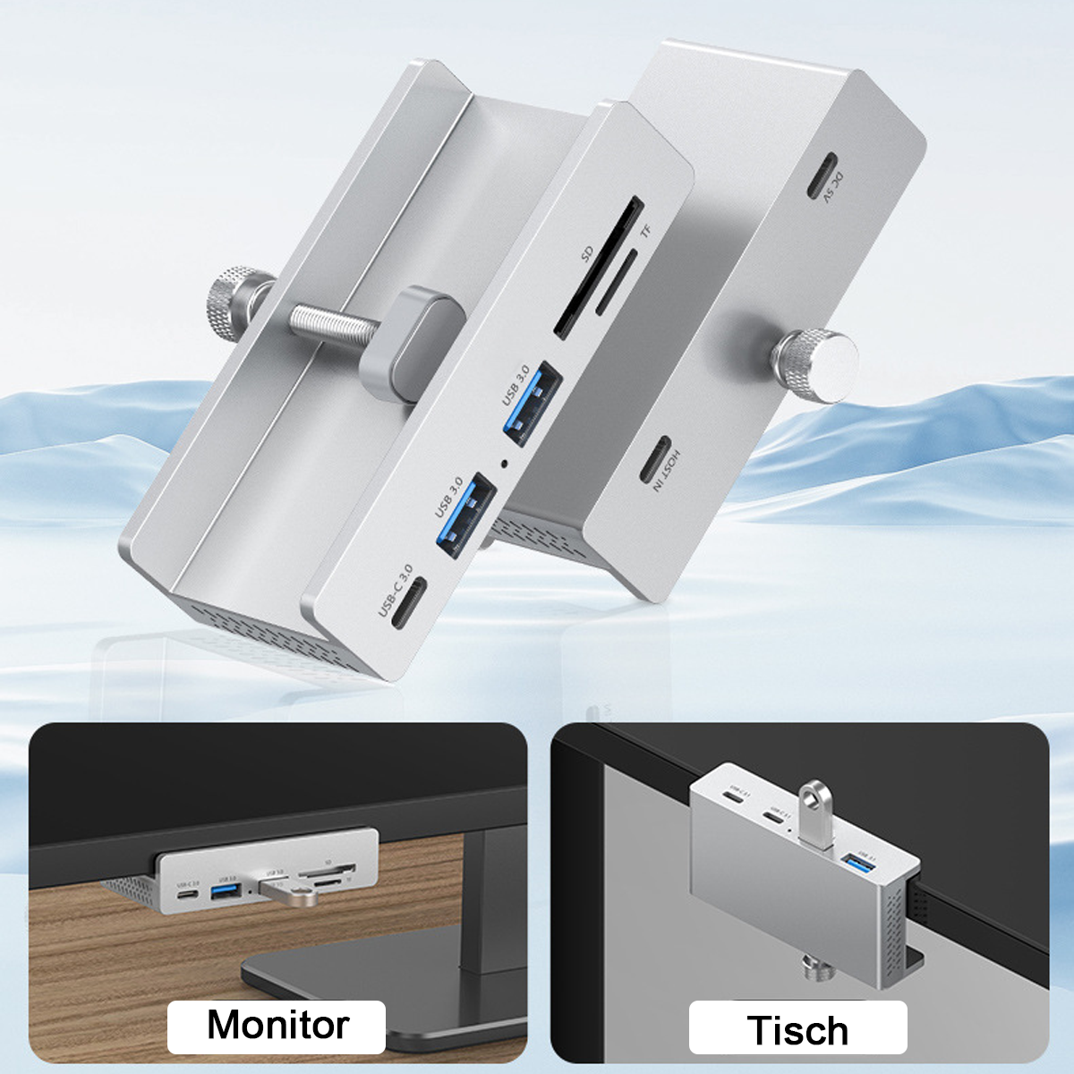 Silberner USB-Hub mit SD/TF-Kartensteckplätzen, 2x USB 3.0, 1x USB-C.