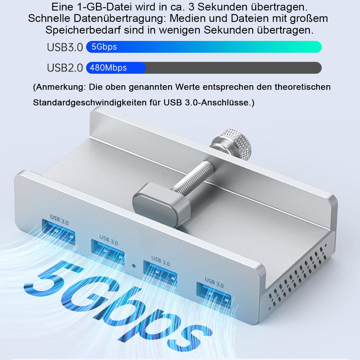 Silberner USB-Hub mit vier USB 3.0 Anschlüssen und 5Gbps Geschwindigkeit.