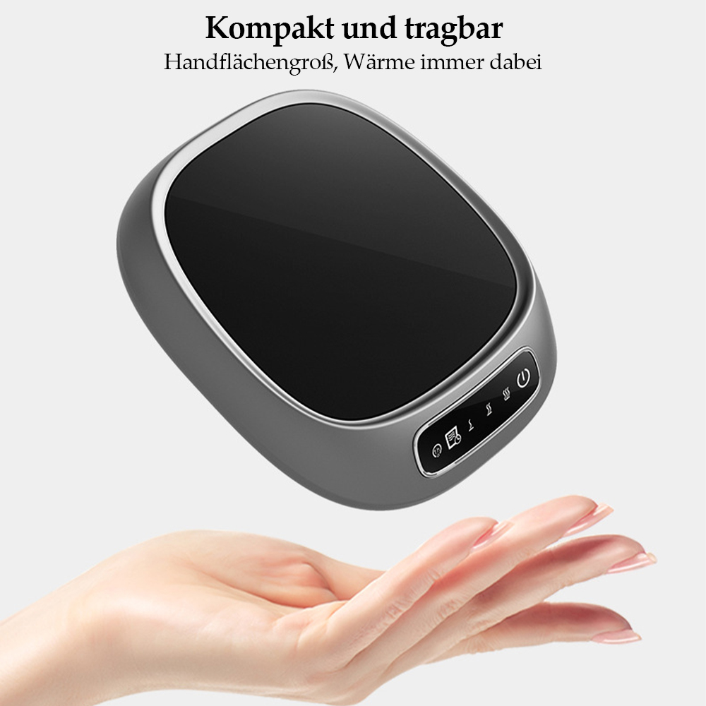 Grauer, handflächengroßer Erwärmer schwebt über einer Hand.