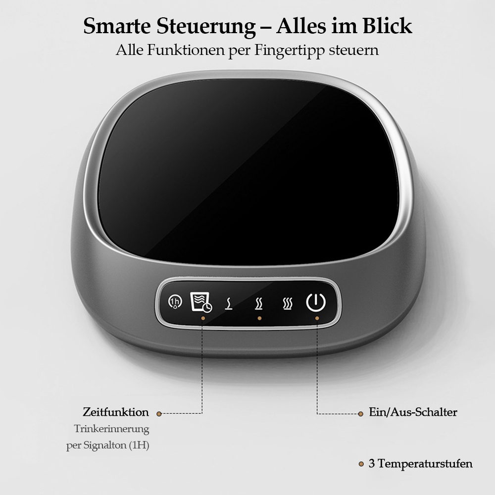 Grauer Becherwärmer mit Touch-Bedienfeld und Symbolen für Zeit, Temperatur und Ein/Aus.