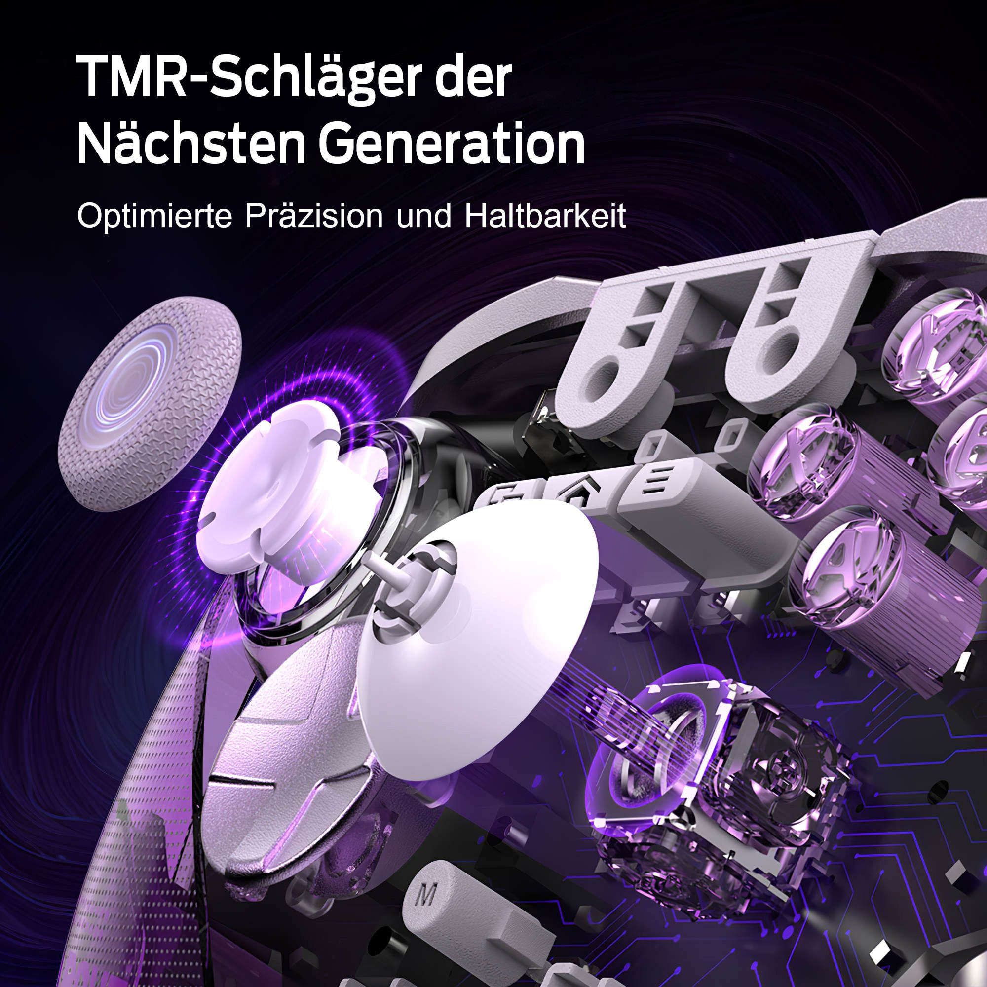 Detailansicht eines futuristischen Controllers mit lila Akzenten und Leiterbahnelementen.