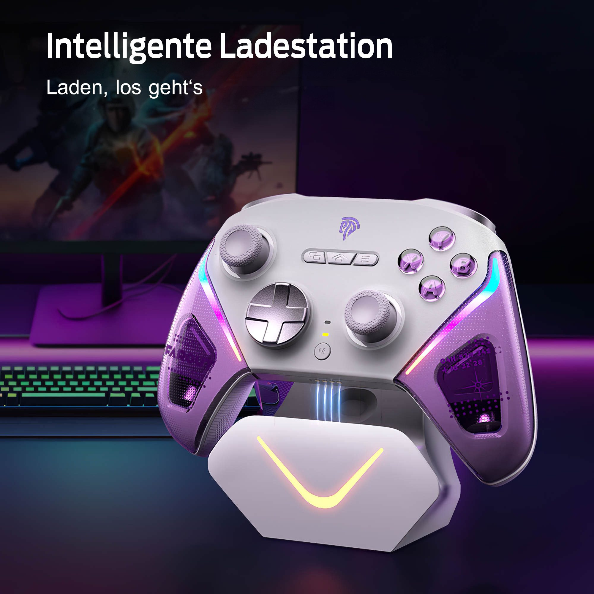 Ein weißer Gaming-Controller auf einer Ladestation mit Neonlicht.