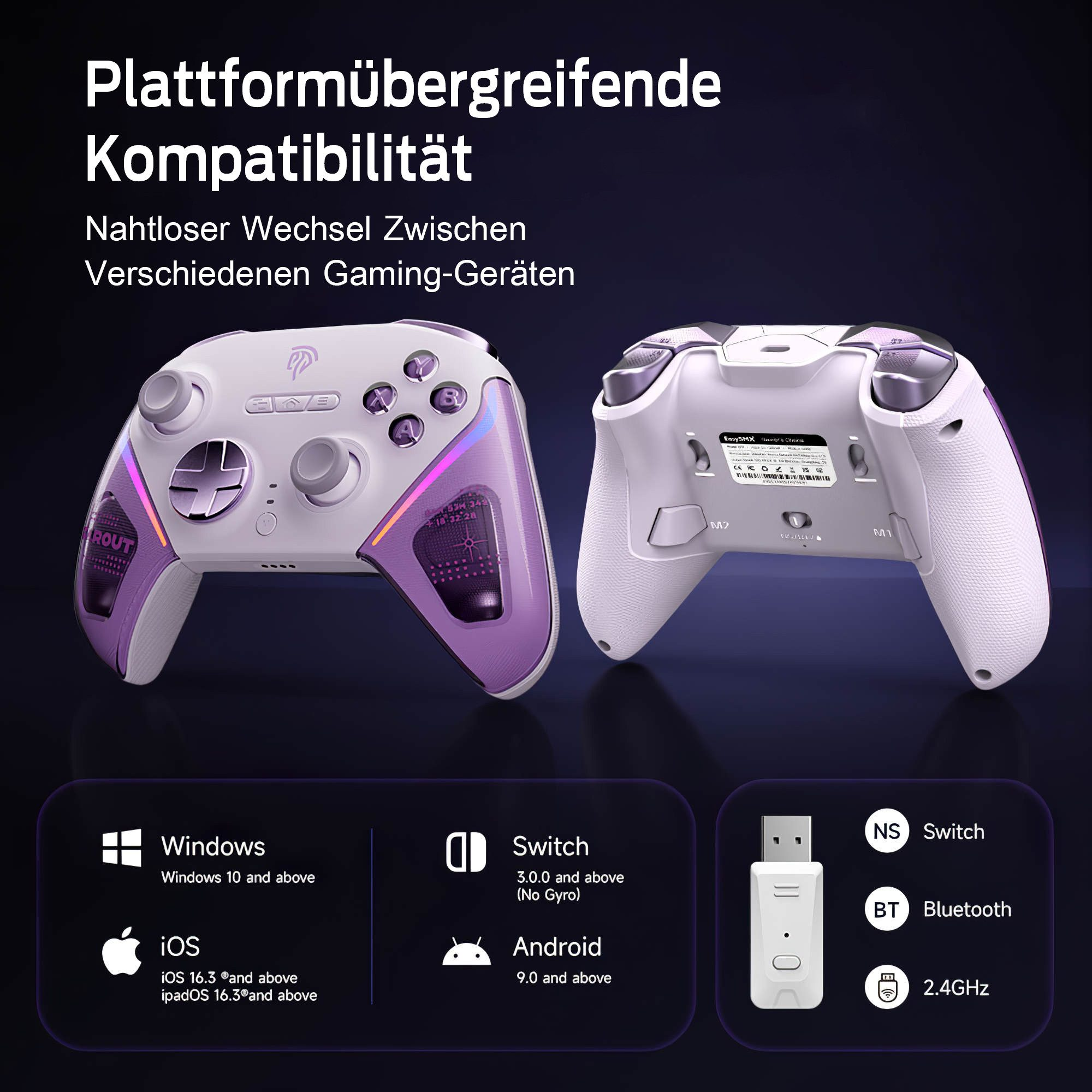 Ein weißer und violetter Gaming-Controller wird gezeigt, mit Kompatibilitätsinformationen.