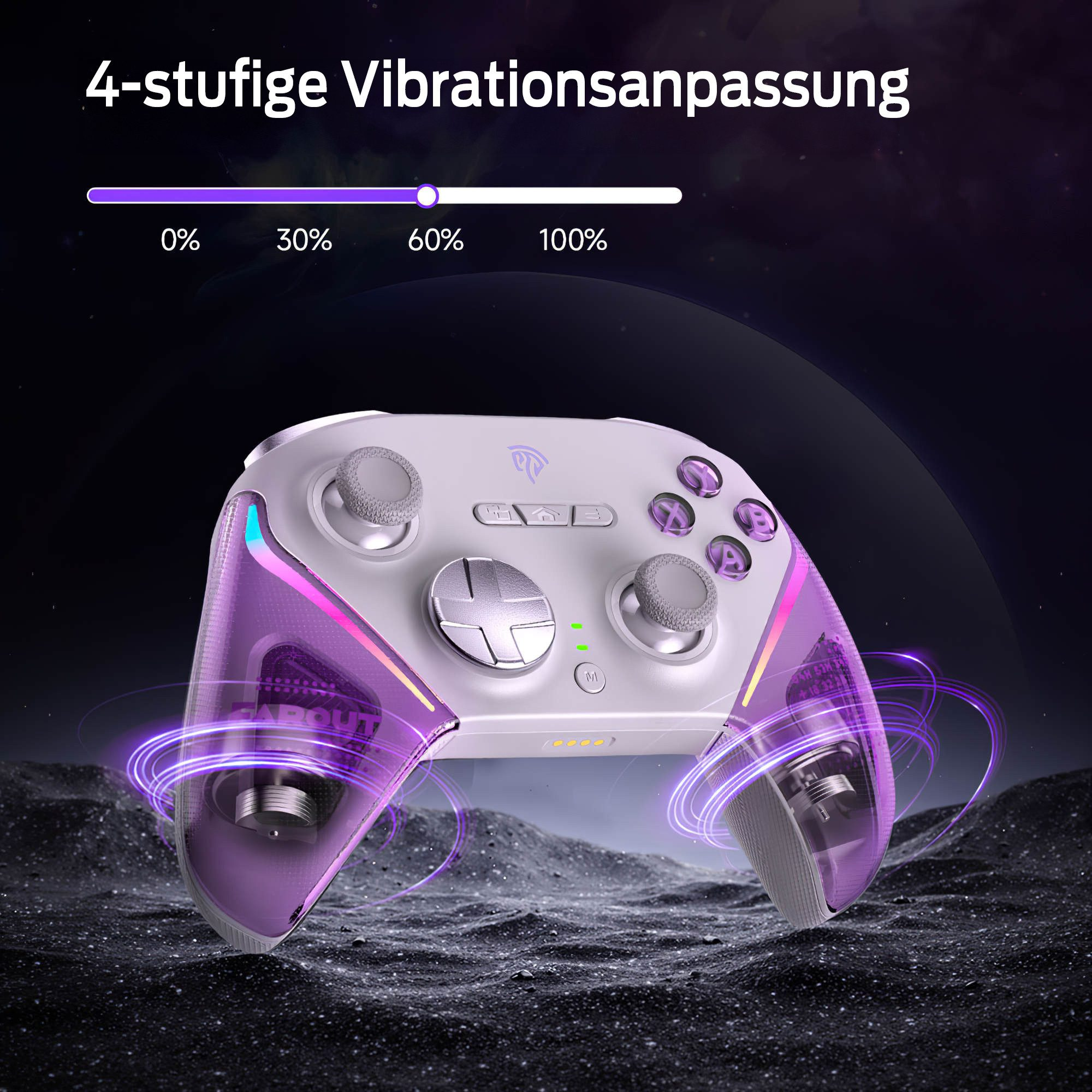 Ein weißer Controller mit violetter Beleuchtung auf einem dunklen, felsigen Hintergrund.