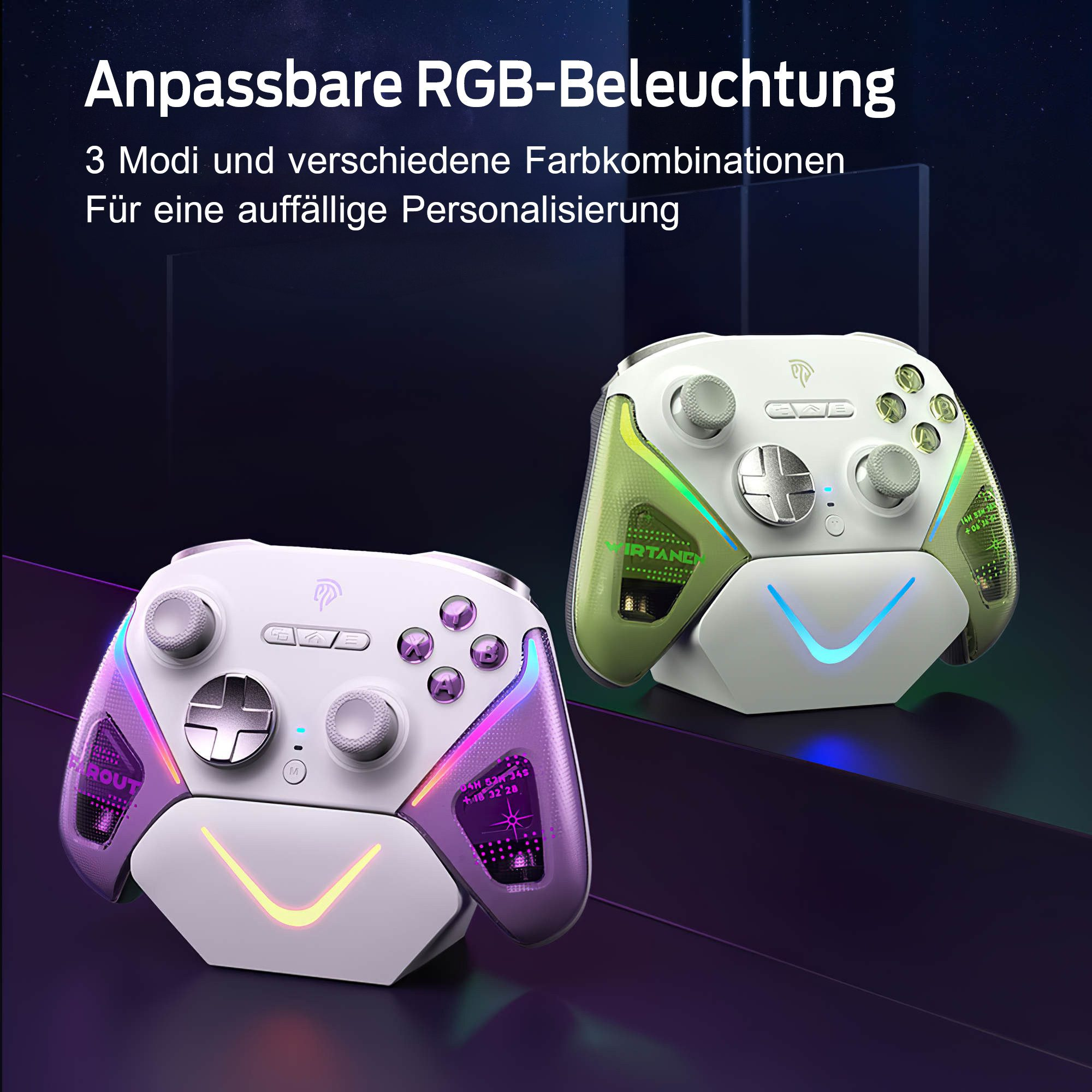 Zwei weiße Gaming-Controller mit anpassbarer RGB-Beleuchtung in Lila und Grün.