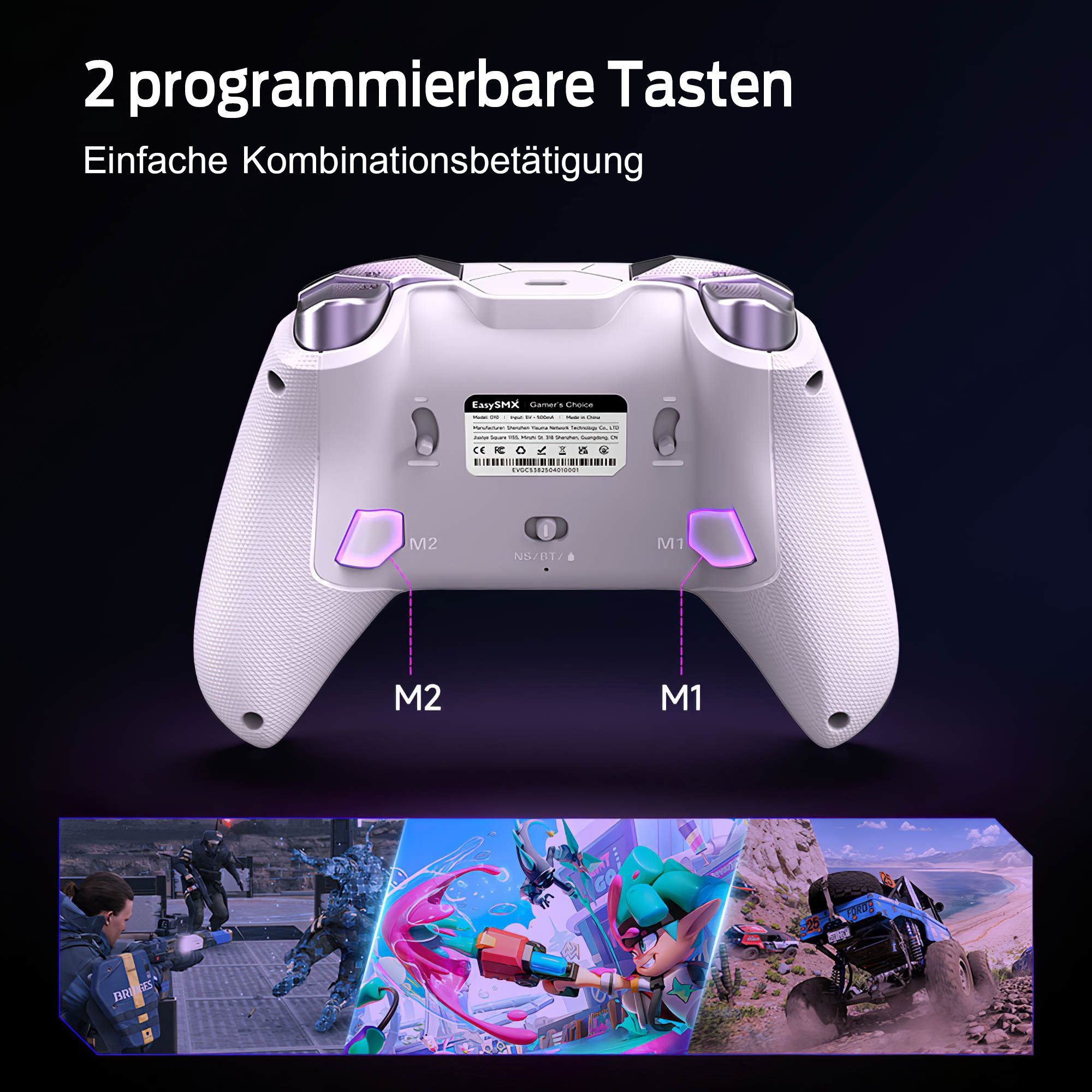 Weiße Controller-Rückseite mit M1/M2-Tasten und Spiel-Montagen darunter.